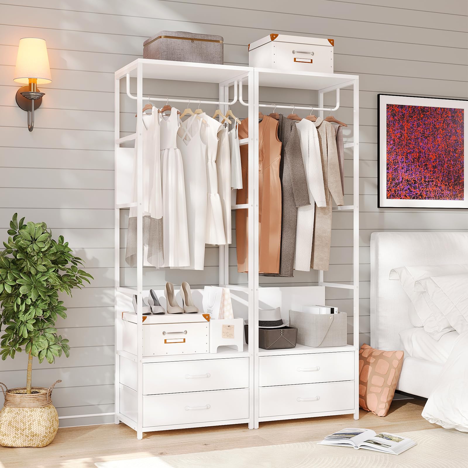 VOWNER Porte Manteau Meuble Entrée Portant Vetement 2 Tiroirs 4-en-1 | Cadre en acier avec tringle et étagères, 60 x 40 x 180 cm pour couloir, chambre
