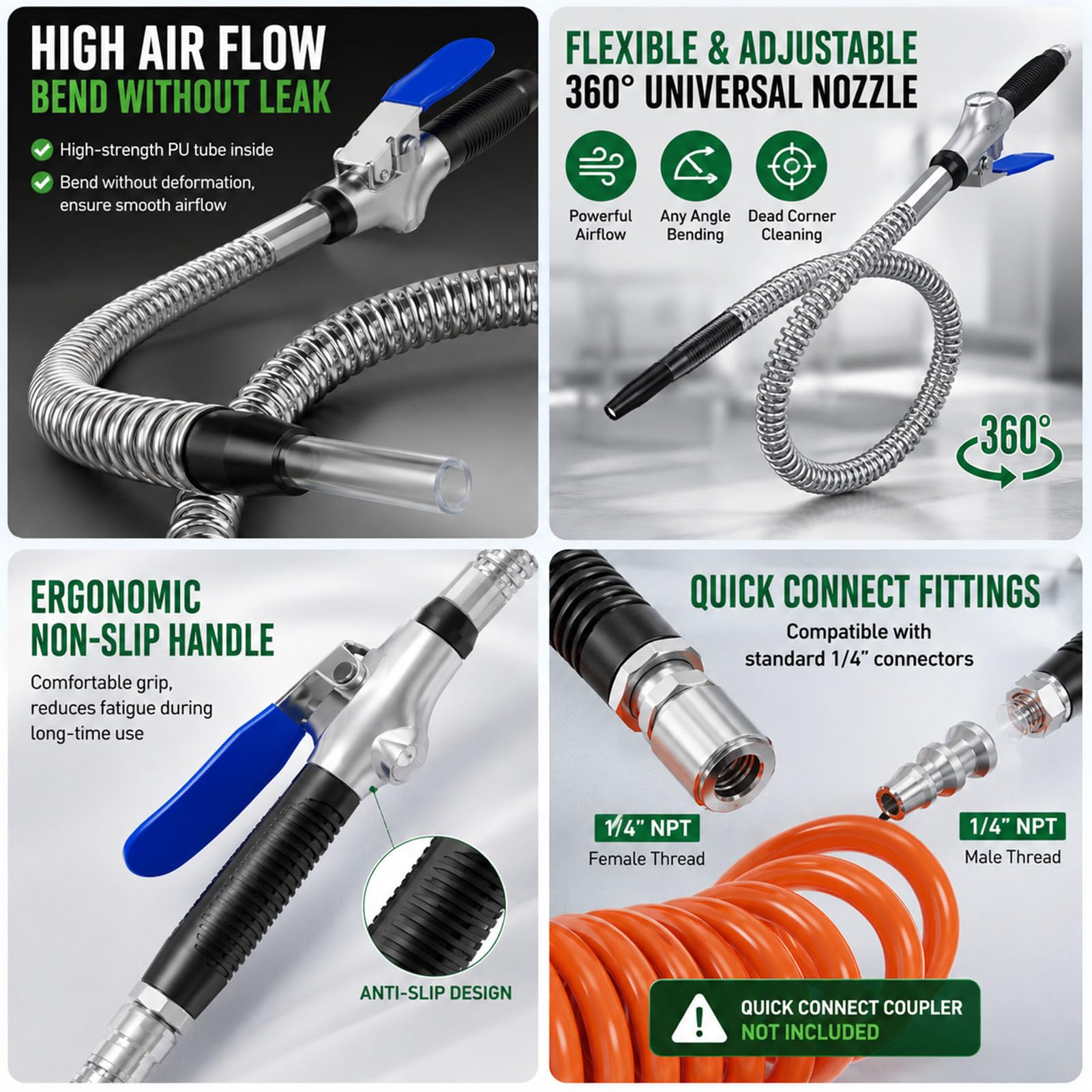 Pistola de Aire comprimido con Tubo Espiral Flexible y Flujo Regulable, sopladora neumática para electricistas, CNC, Garaje y Limpieza de componentes,1000mm Blow x 12m Air Hose