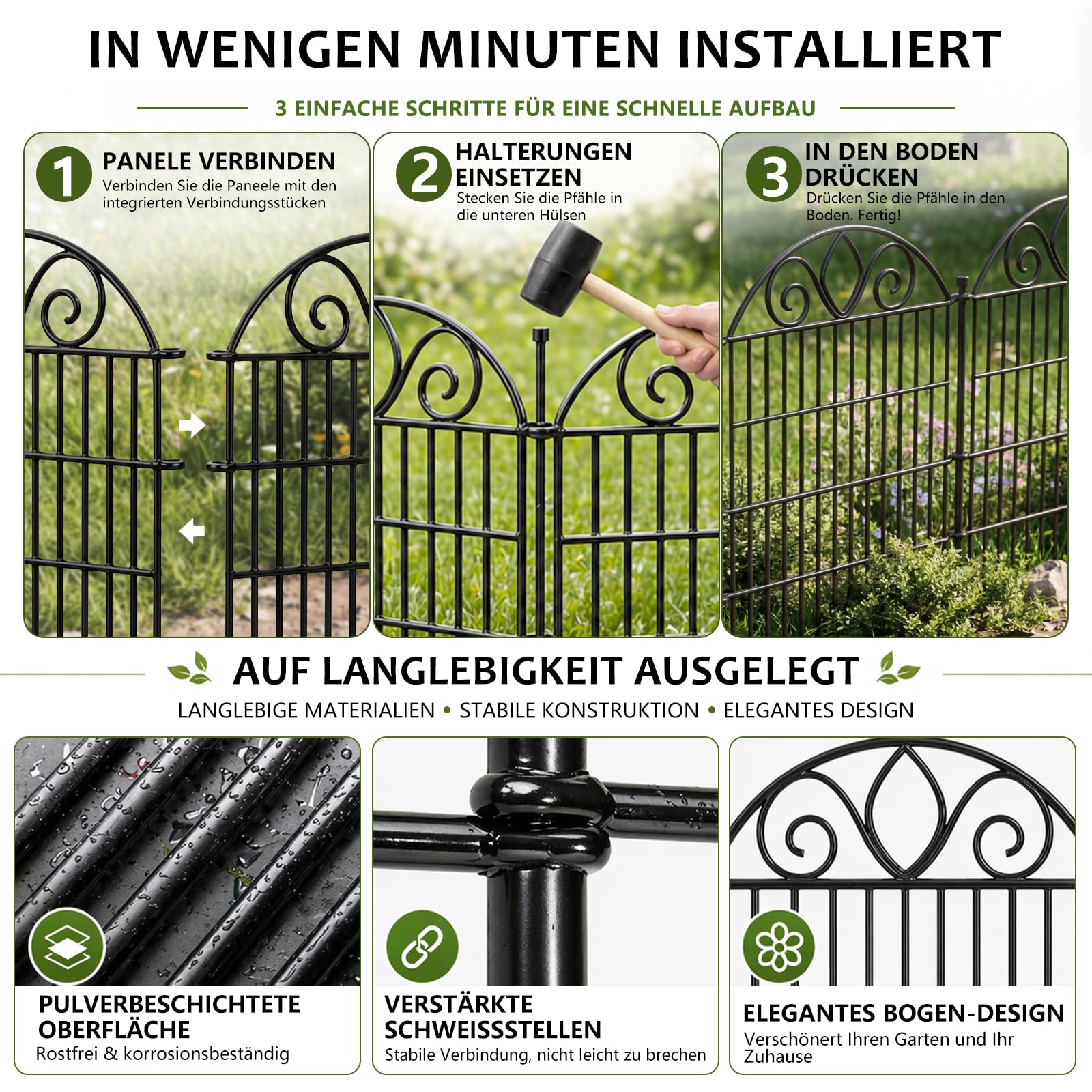 10 Paneele Dekorativer Gartenzaun – Gesamtgröße 122 cm (H) x 720 cm (L) – Rostfreier Metallzaun für den Außenbereich, als Hundezäune für den Garten, Blumenbeete | Temporäre Umzäunung
