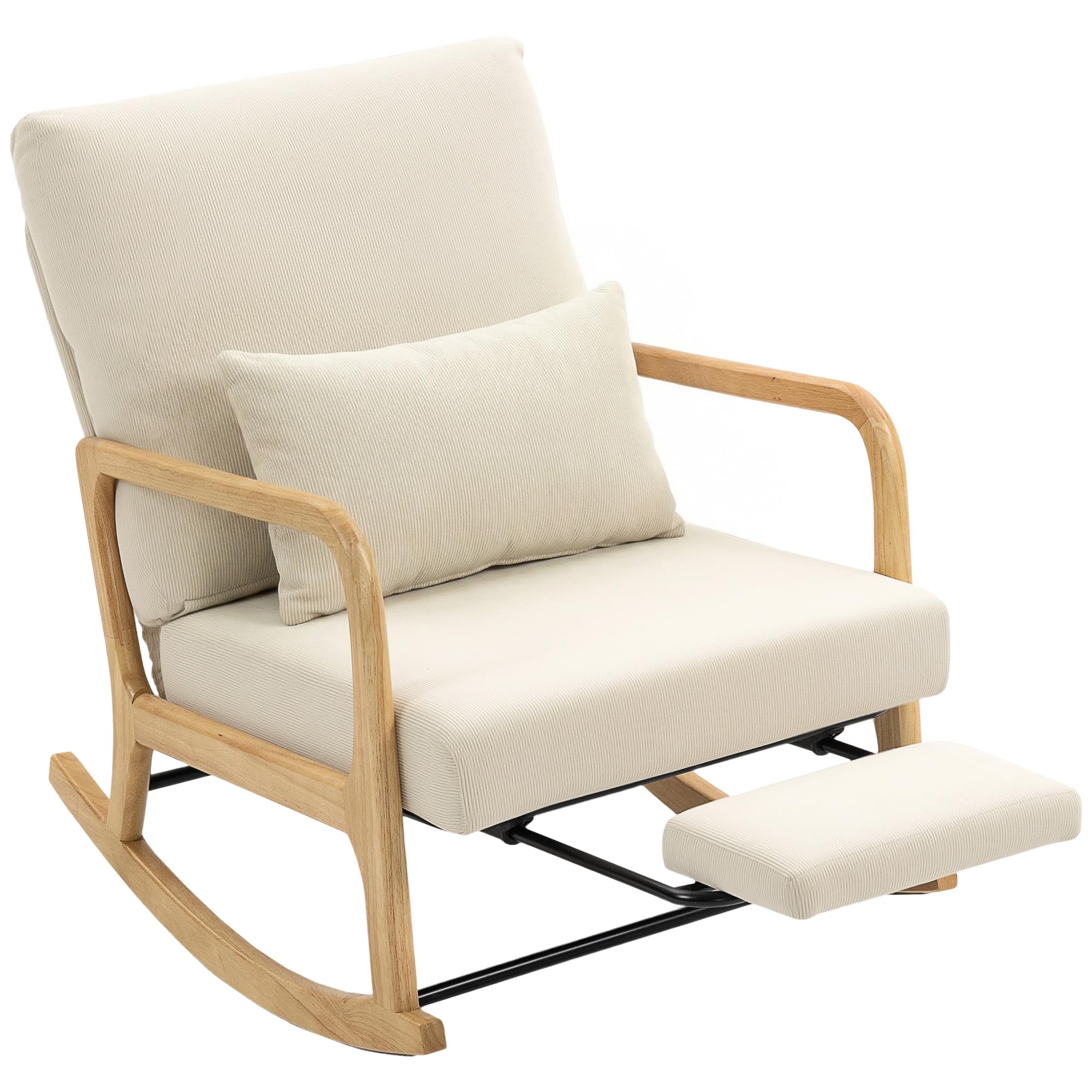 HOMCOM Sedia a dondolo con poggiapiedi, schienale regolabile, sedia a dondolo nordica in velluto a coste, gambe in legno, braccioli, cuscino lombare, sedia per allattamento, carico 120 kg, per camera