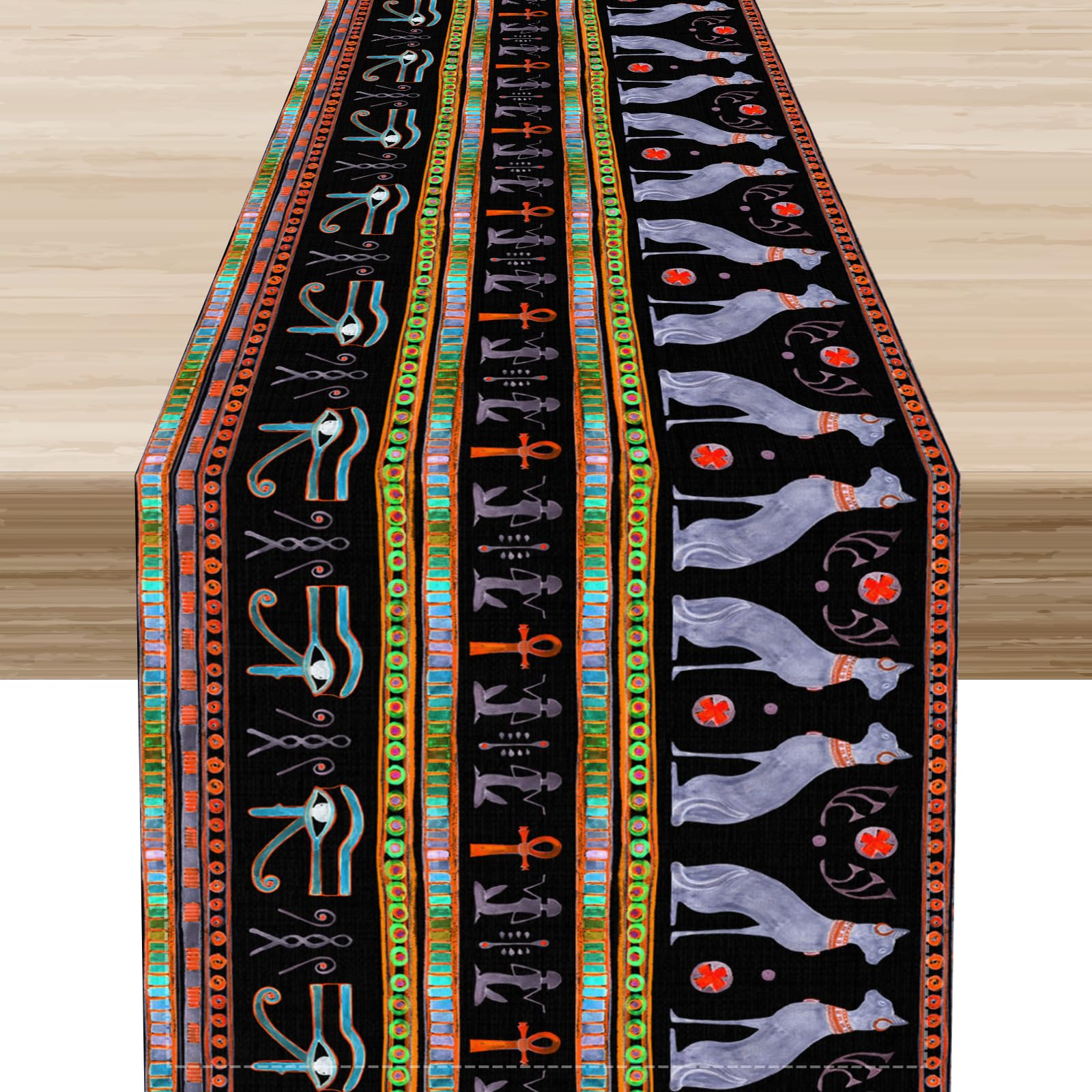 Egyptian Table Runner, Retro Egypt Mythology Pharaohs Black Cat Hieroglyphics Pattern Coffee Table Center Decor for Family Kitchen and Dining Living