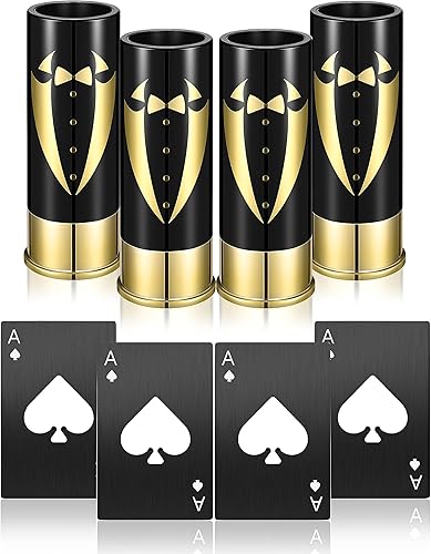 Yoption Juego de 8 regalos para padrinos de boda, 4 vasos de chupito de calibre con 4 abrebotellas de tamaño tarjeta de crédito para boda, fiesta,