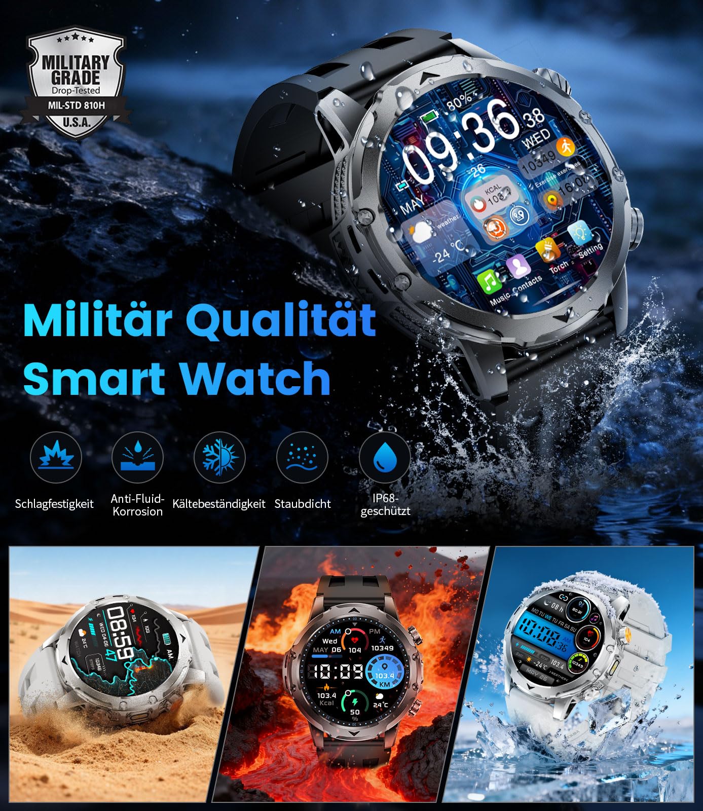 2026 Smartwatch Herren Militär-1,53‘’ IPS HD Display/1000mAh Akku/LED-Lampe/Stress,IP68 Wasserdicht Fitnessuhr Herren mit 120+ Sportmodi,24/7-Herzfrequenz/SpO2/Schlafmonitor,für Android iOS,3 Bänder