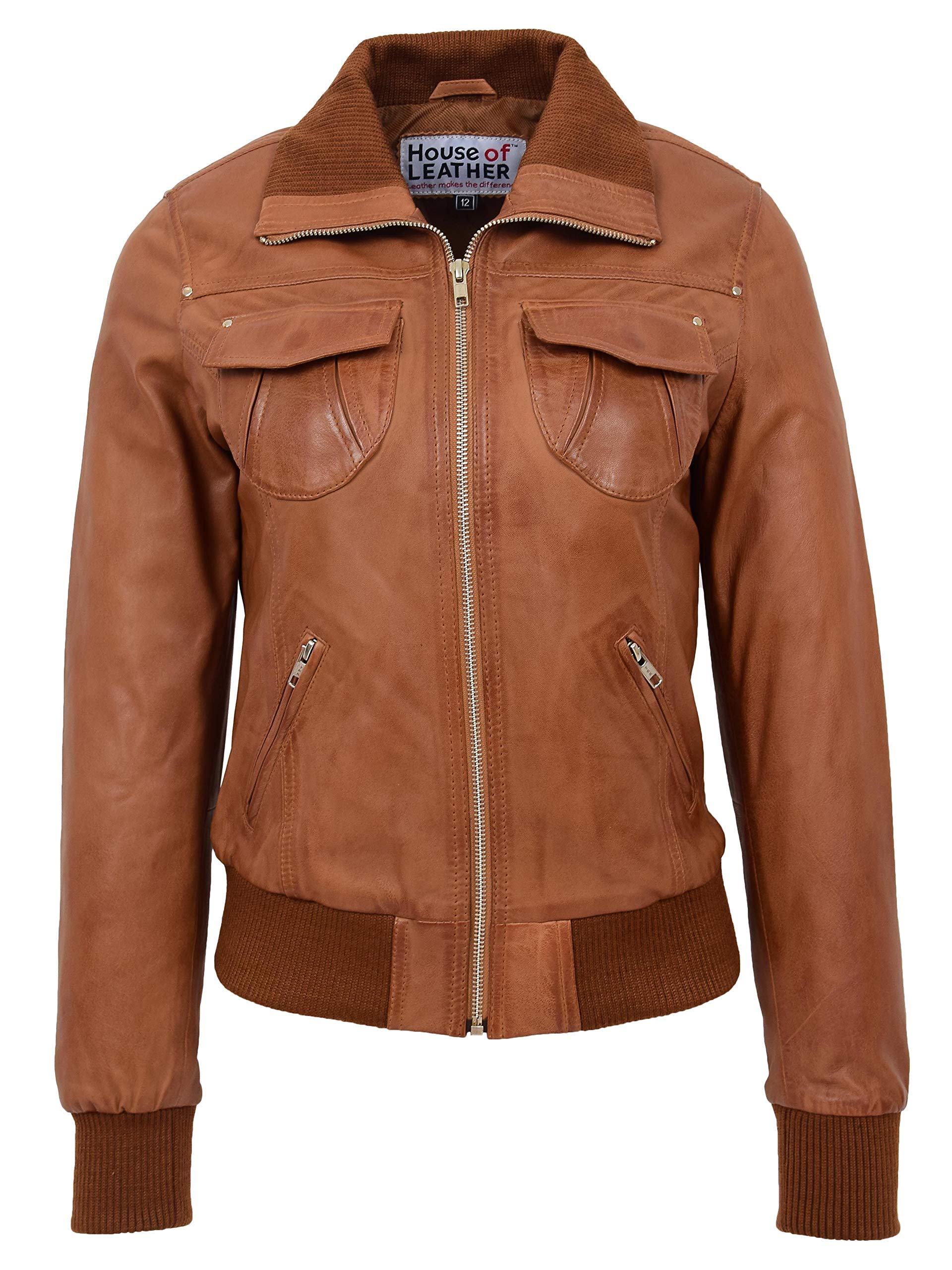 House Of Leather Women's Tan Real Leather Bomber Jacket Slim Fit Blouson Motto (14, )