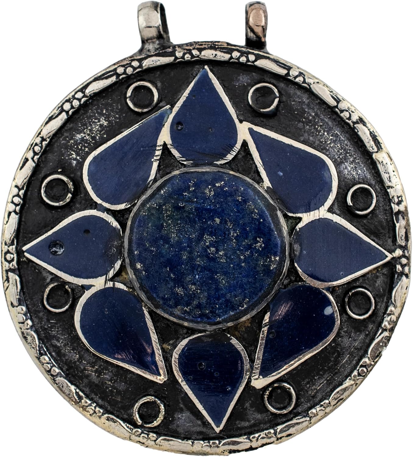 The Bead Chest Lapis-Inlaid Afghan Tribal Pendant 56x62mm Afghanistan Blue Round White Metal Large Hole