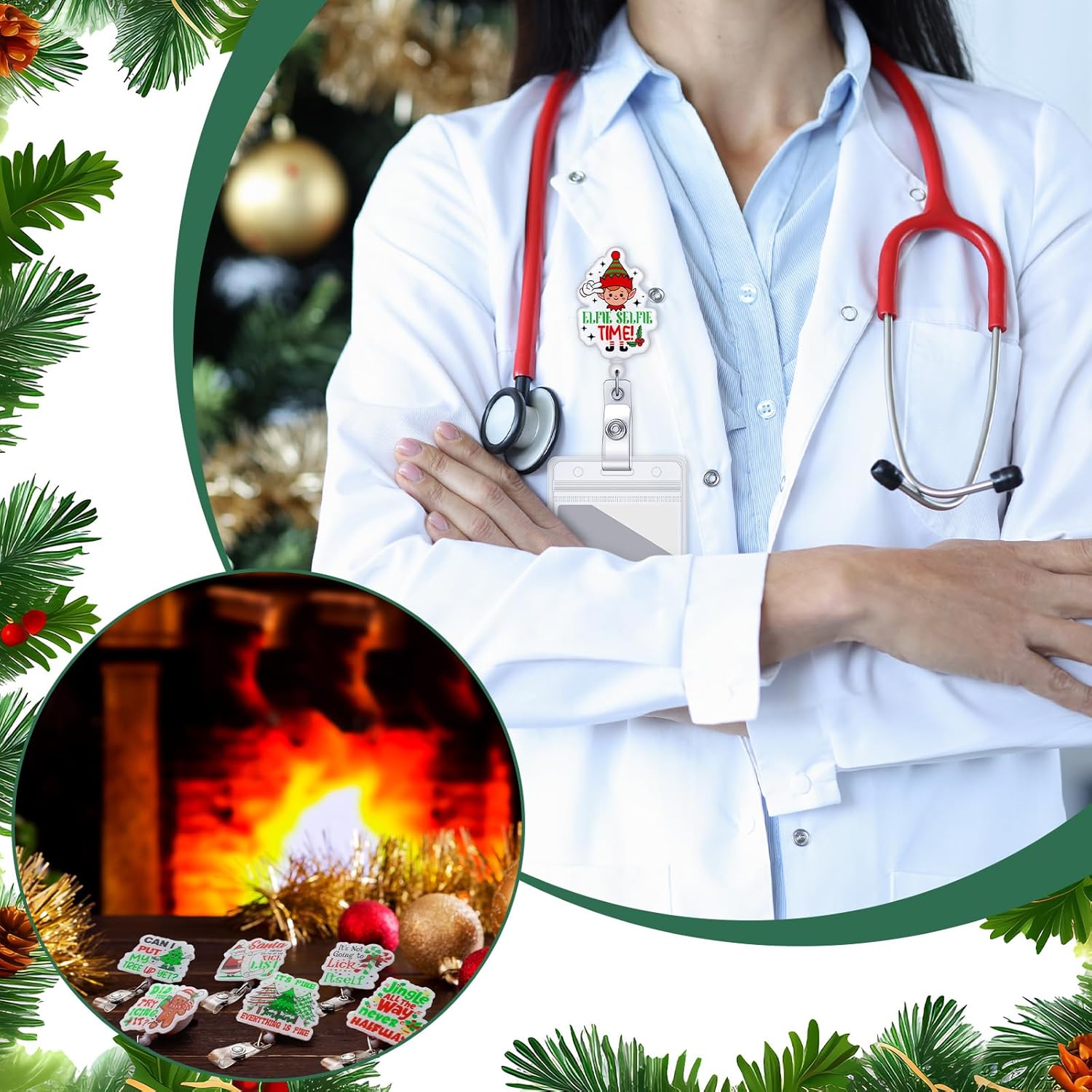 Harloon 12 Pcs Funny Christmas Badge Reels Acrylic Retractable Nurse Badge Holder with Alligator Clip Cute Glitter Snowman Gingerbread Stocking Stuffer Xmas Holiday Gifts for Nurse Medical Assistants - Image 5