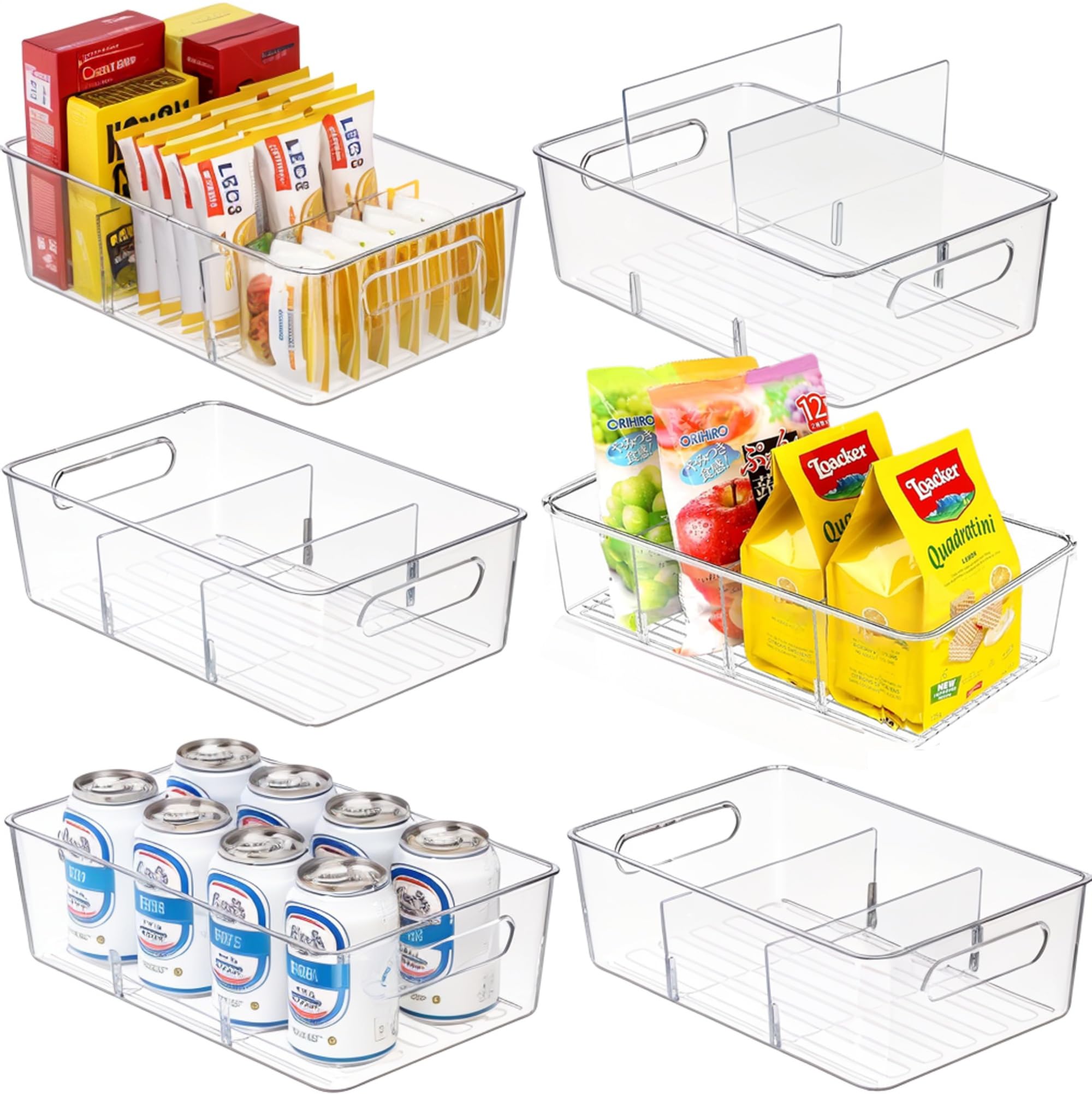 6 Pcs Clear Pantry Organizers and Storage,Plastic Storage Bins for Fridge with Removable Dividers, Kitchen Cabinet Organizers Ideal for Kitchen,