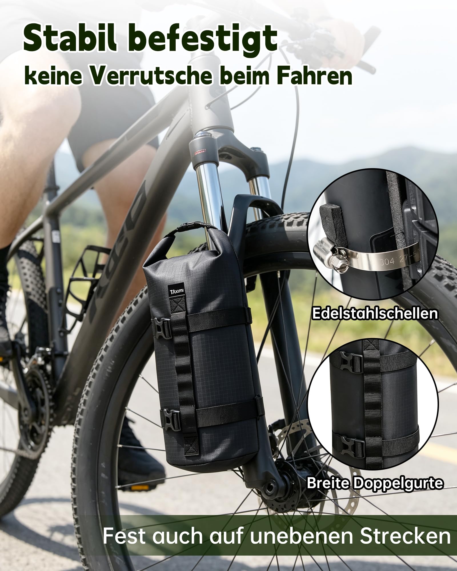 Sacoche Fourche Velo 5l étanche,Sacoche Avant Velo,Rolltop Fixation Facile | Matériau résistant aux déchirures & usure, pour sorties bikepacking et urbaines, protège pluie, boue et éclaboussures