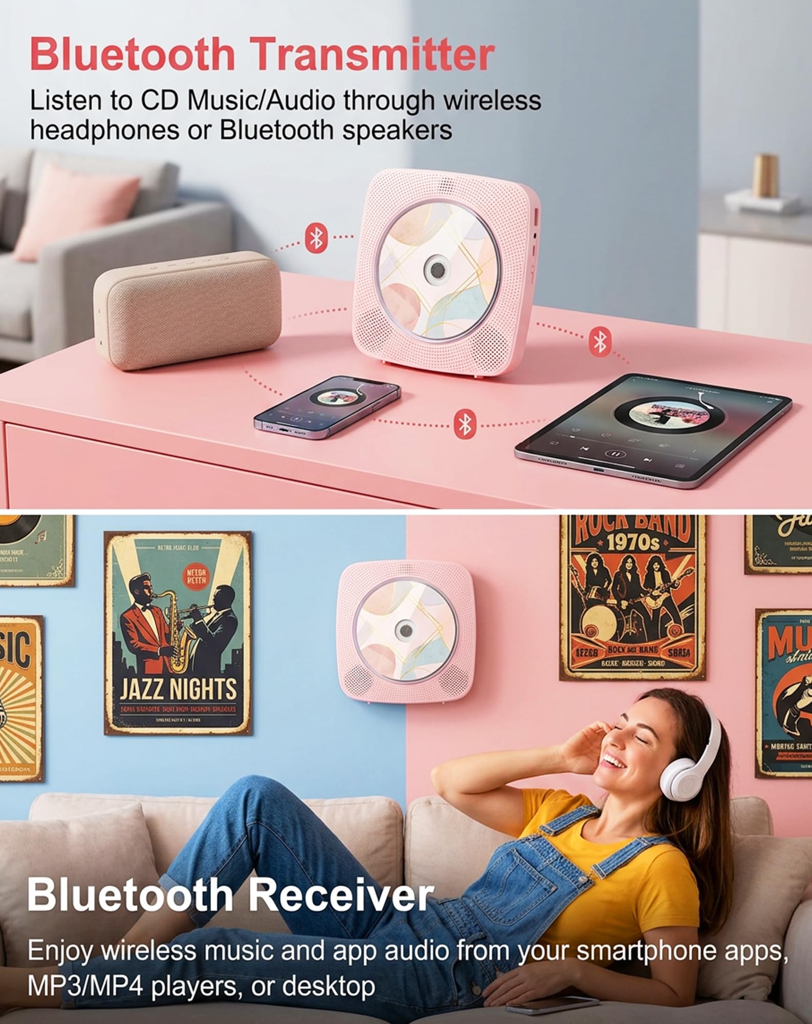 CD Player Tragbar Bluetooth Radio mit CD-Player mit Lautsprecher Unterstützung USB & AUX-Wiedergabe mit Fernbedienung Staubschutzhülle Rosa
