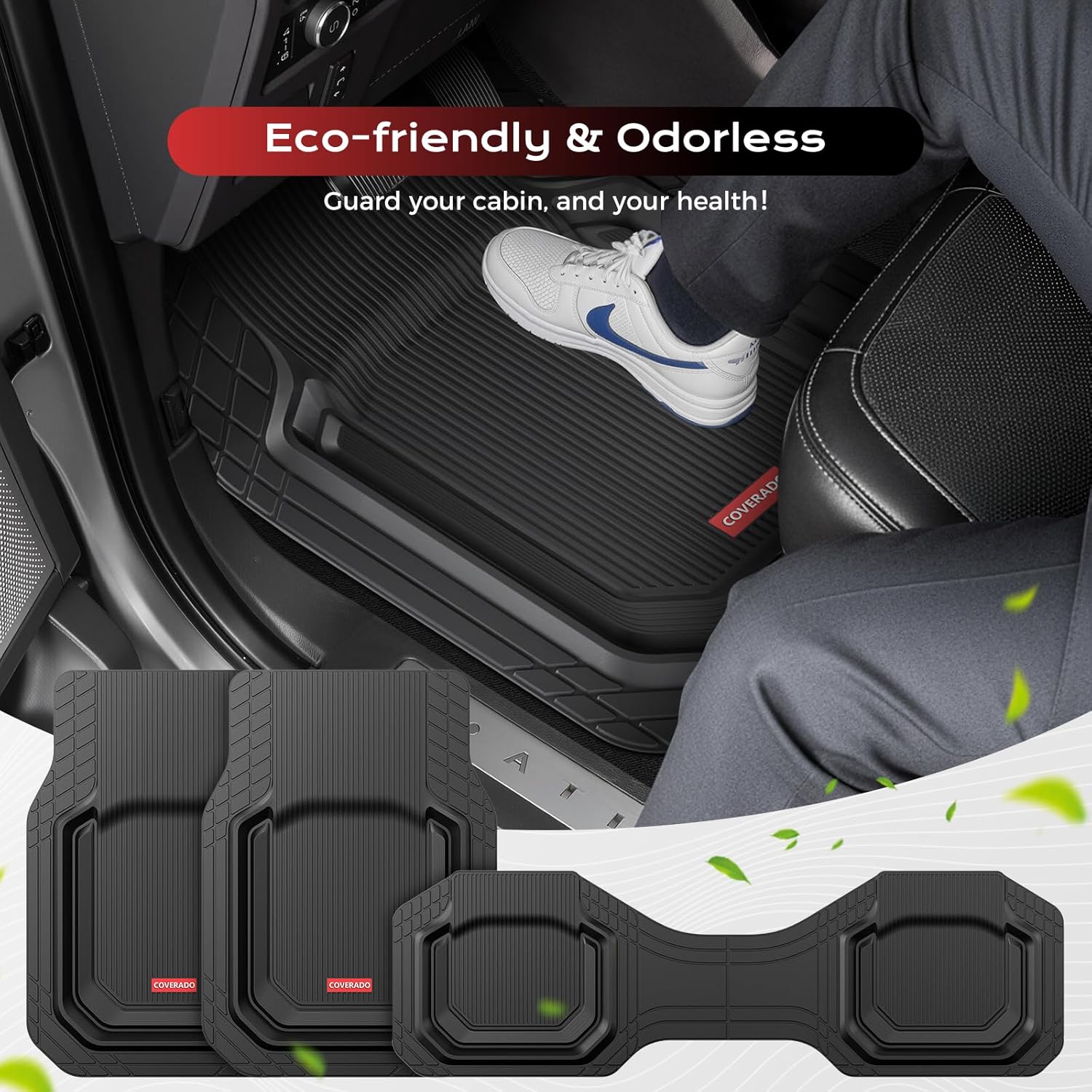 Coverado Car Floor Mats for Cars, Waterproof All Weather Protection, Deep Dish Car Mats, Universal Trim to Fit Automotive Mats Car Accessories for Cars SUV Truck, 3PCS Set, Black
