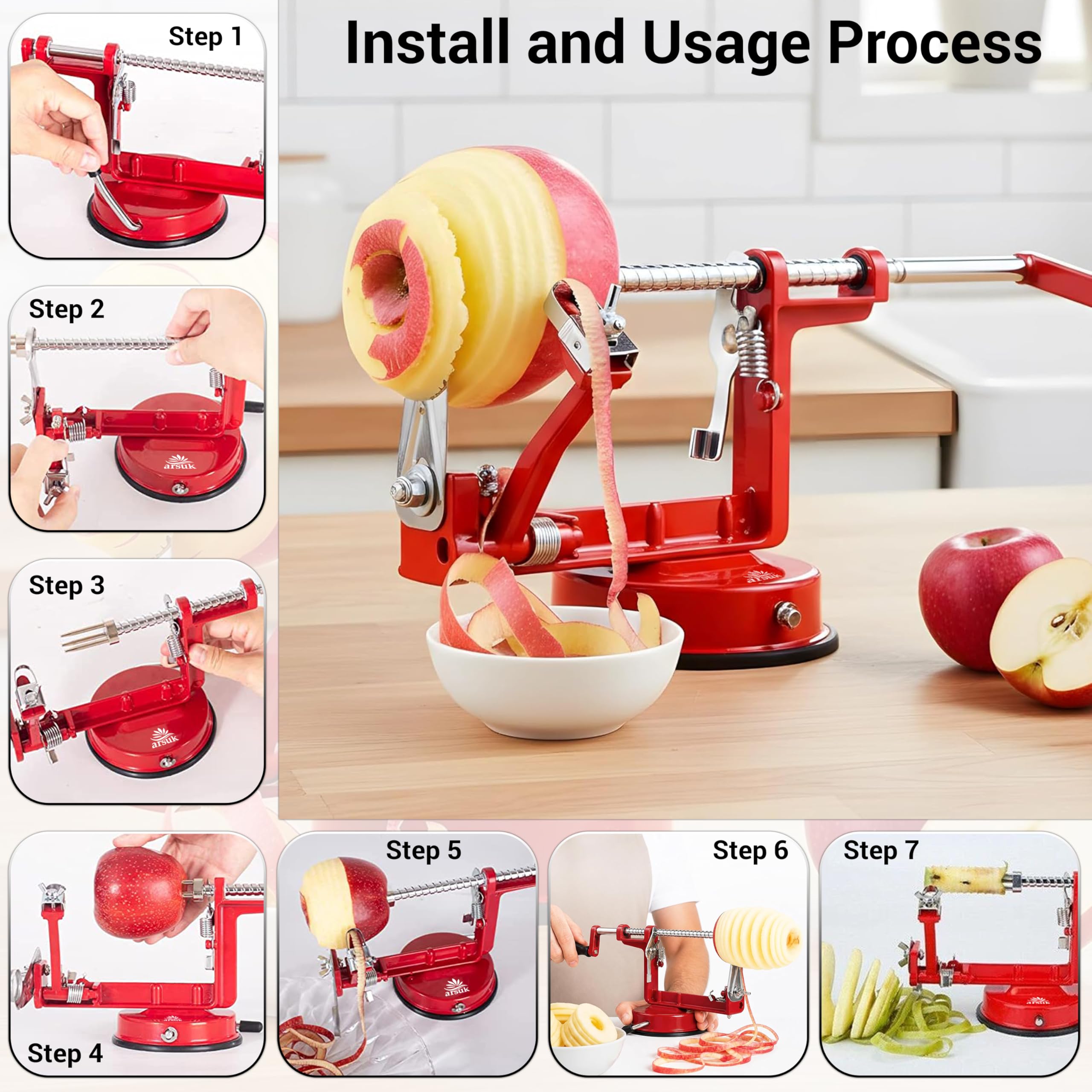 Sbuccia Mela Affettatrice e Levatorsoli - (2 Lame Extra e 1 Levatorsoli) Macchina da Cucina 3 in 1 per Pelare Verdure e Frutta, Lama Regolabile in Acciaio Inox, Base Antiscivolo a Ventosa