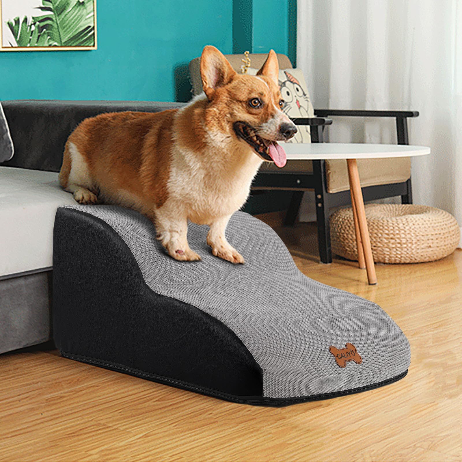 CALIYO Scala per cani a 2 gradini per cani di piccola taglia 26 cm di altezza con fodera lavabile e fondo antiscivolo per letto, divano e auto (55 x 40 x 26 cm)