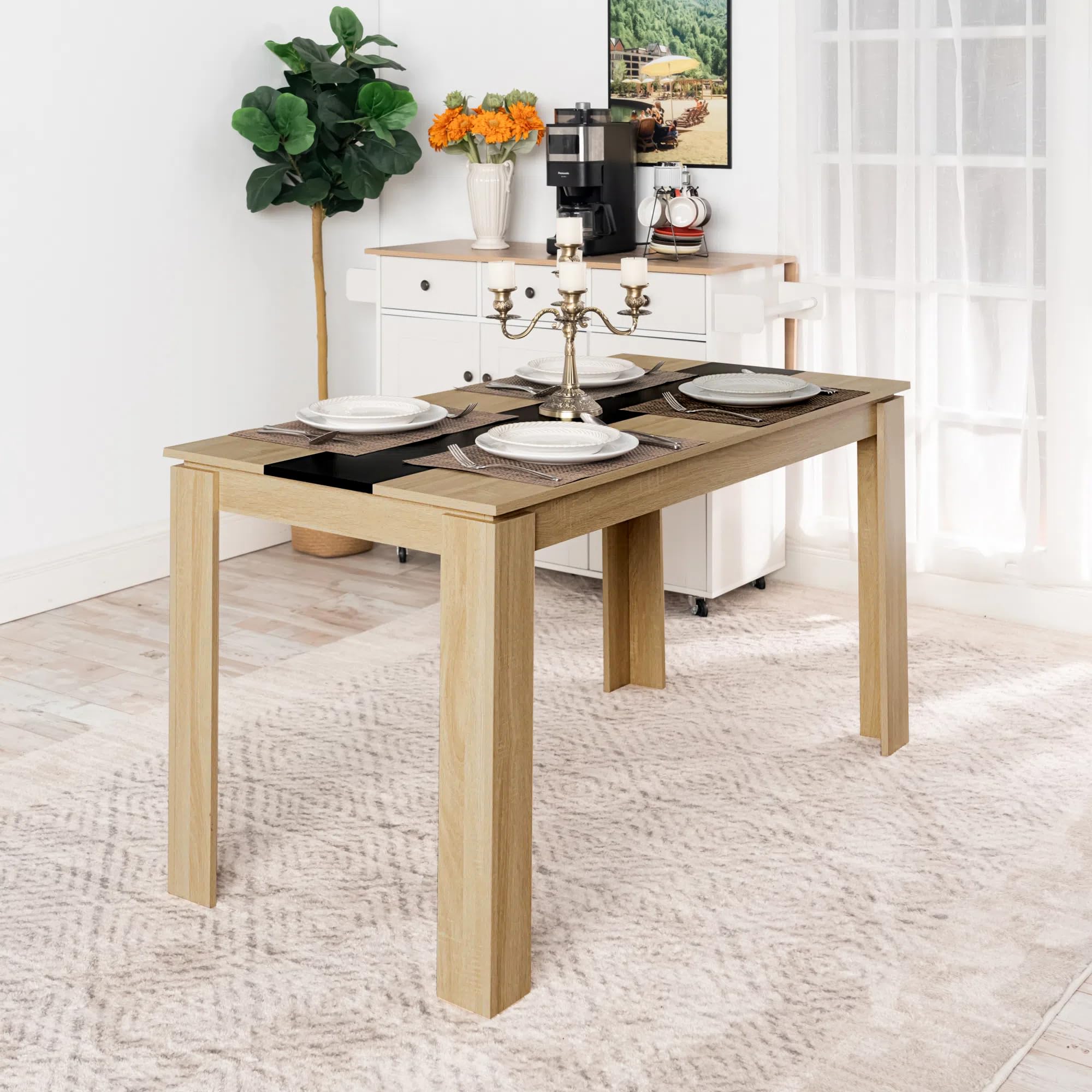 Ensemble de salle à manger rectangulaire en bois avec table 140 x 70 cm et 4 chaises noires pour salon, cuisine ou bureau