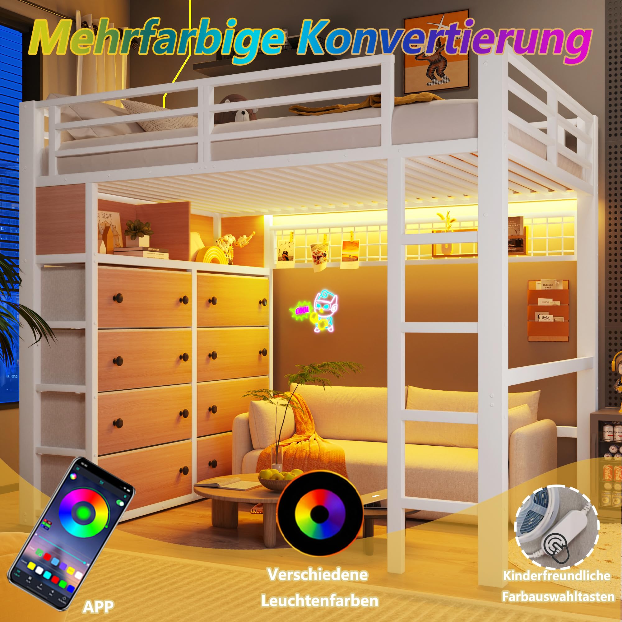 BTM Metall Hochbett 140x200 mit Modulares Schubladen Stauraum Hochbett Jugendliche mit LED, Regalen und Lochwand, Weiß