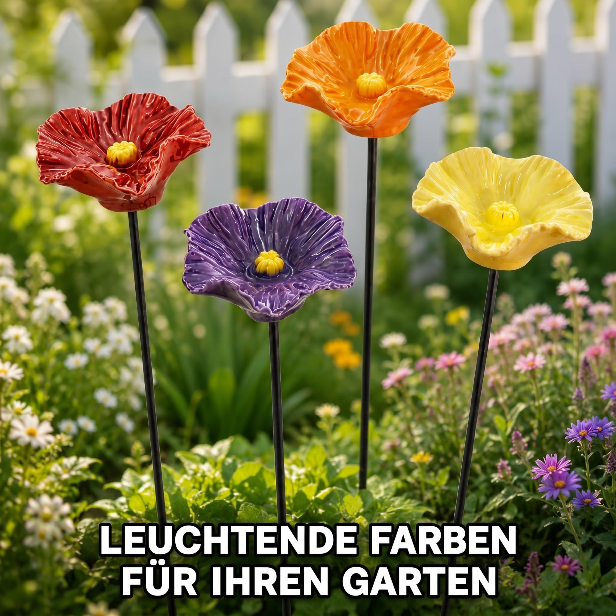 Vogeltränke Blume Bienentränke Keramik Handgemacht 4er Set Wetterfeste Blütenschalen auf Metallstäben für Garten Balkon und Beet Wasserstelle für Bienen Insekten und Vögel (4 Blüten)