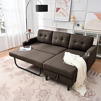 2-in-1 Design Pull Out Sleeper Sofa, Modern Upholstered L-Shaped Sofa with 2 Cup Holders & Side Storage Pocket, Brown