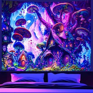 Atrippy Blacklight Mushroom Tapestry, UV Reactive Purple Trippy Black Light Tapestry for Bedroom Aesthetic, Fantasy Tree Decor Backdrop Wall Hanging for Living Room Dorm 51" X 60"