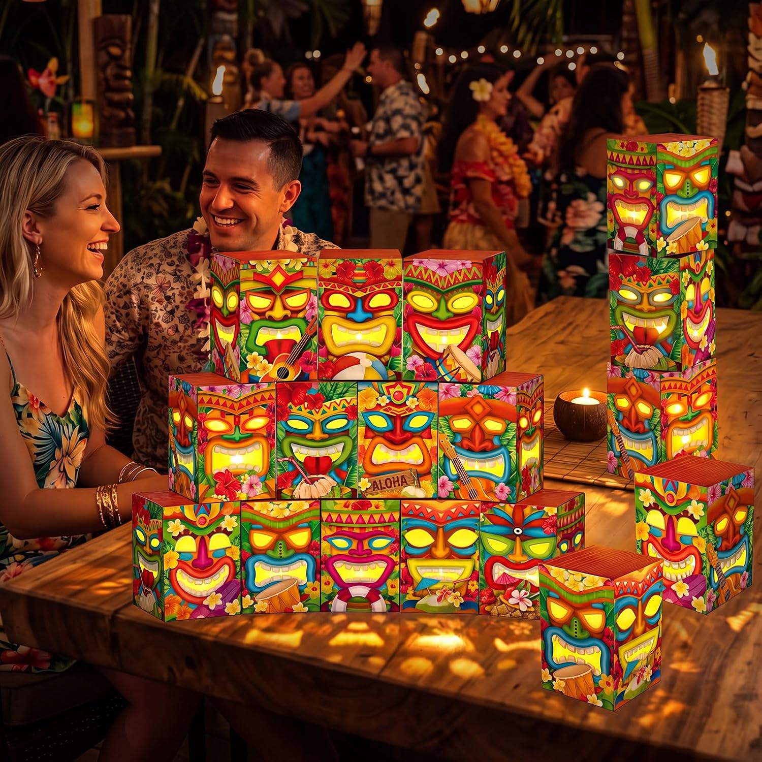 Baquler 24 Pcs Tiki Totem Box Decor with Light Hawaiian Luau Party Decoration Tropical Luau Aloha Tiki Bar Boxes Gift for Summer Themed Party Decorations Outdoor Indoor Supply(Bright,Watercolor)