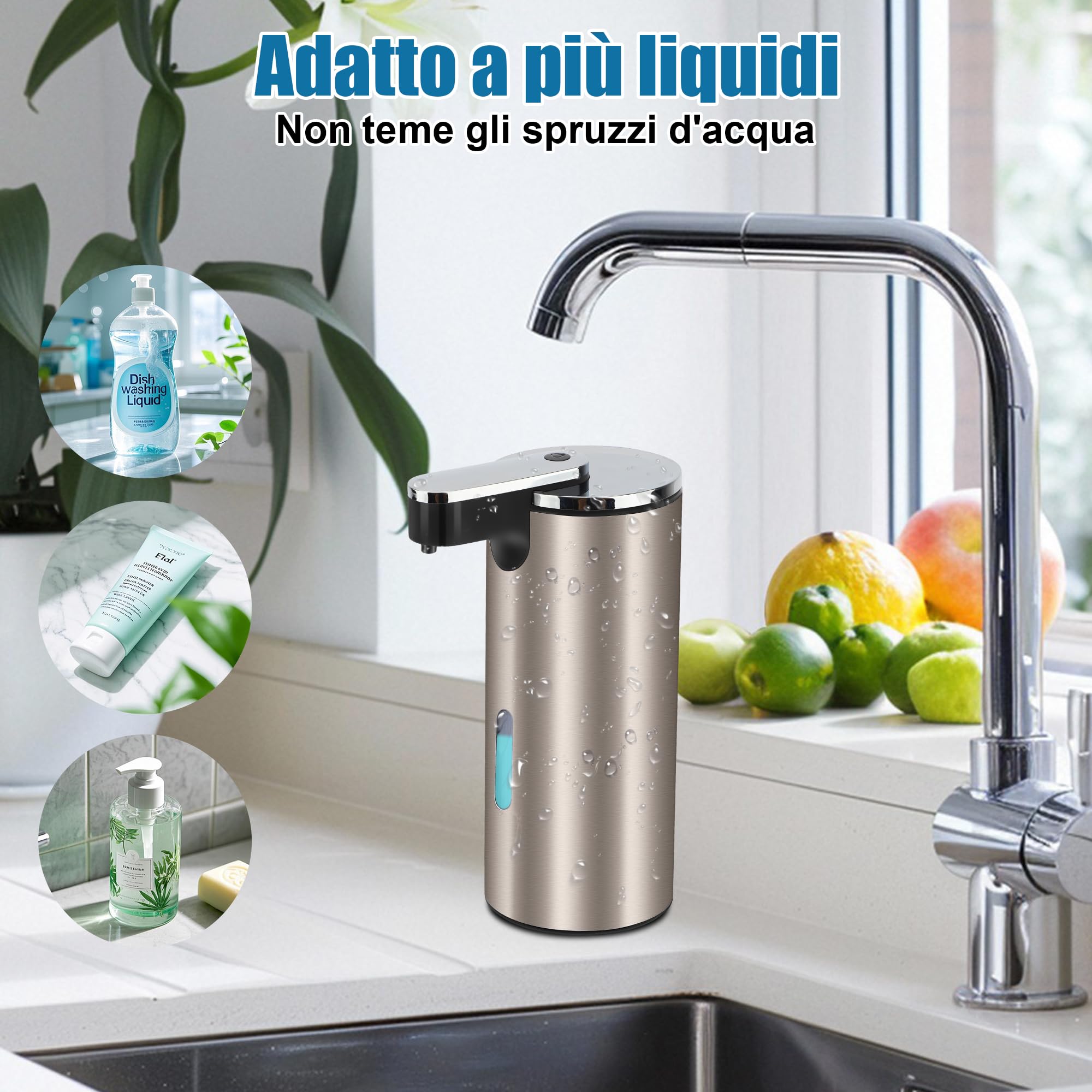 Dispenser Automatico di Sapone 350ML per Bagno | Dispensatore di Sapone per Piatti con 3 Volumi di Sapone Regolabili, Argento
