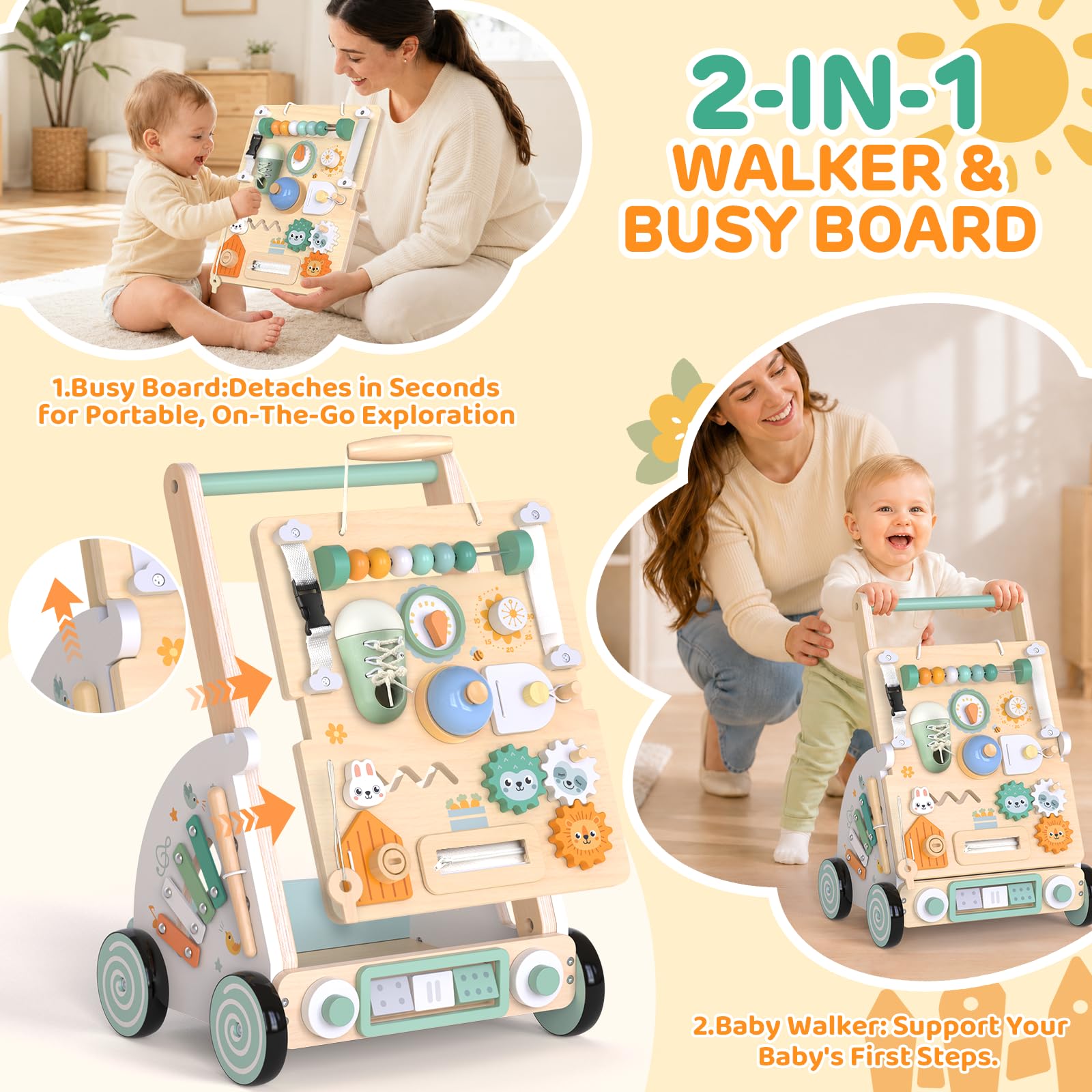 Andador Madera Bebé 2 en 1, Montessori Tablero Sensorial Desmontable