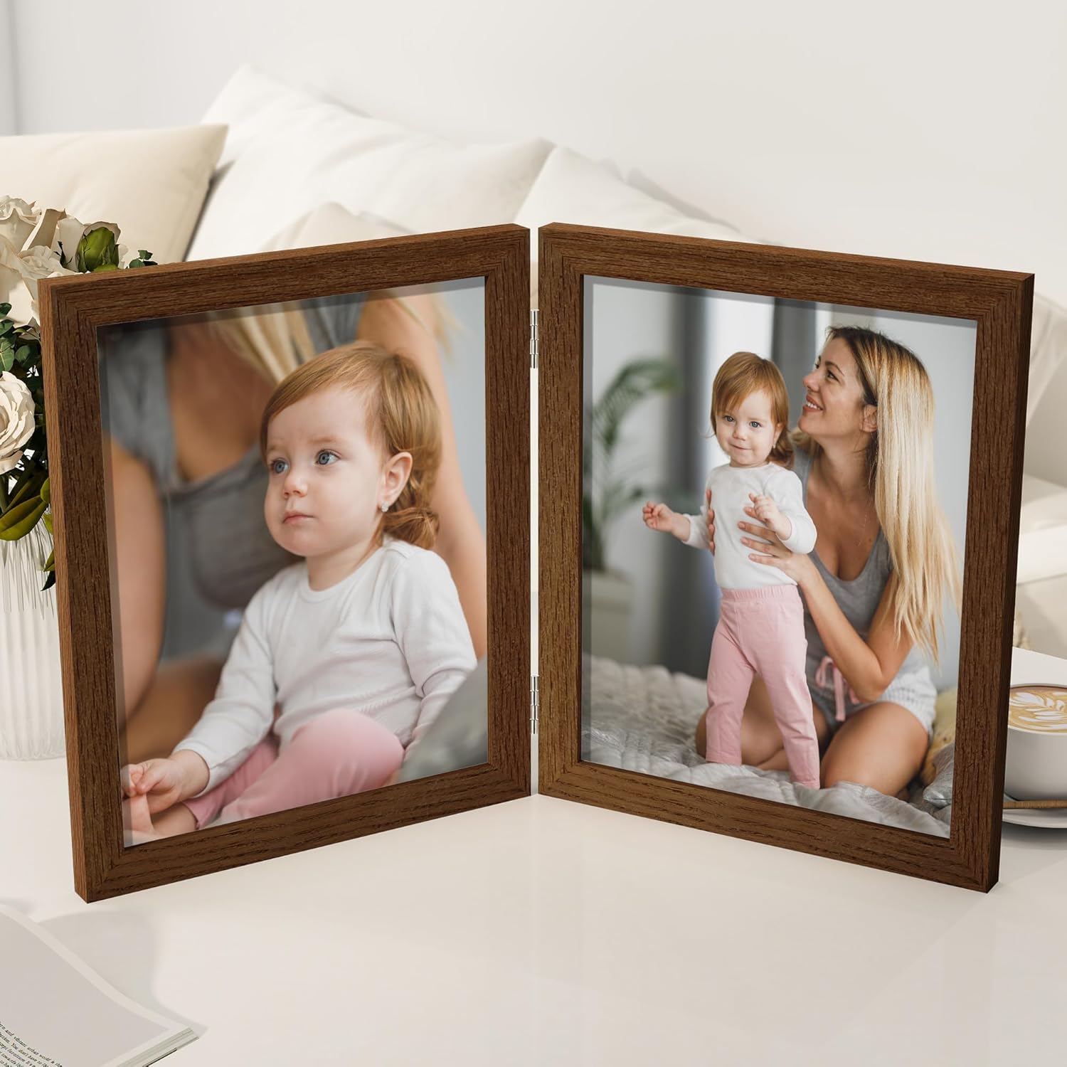 Axeman 8x10 Double Picture Frame - Solid Oak Wood Vertical Hinged 8x10 Photo Frame 2 Opening Folding Family Frames Collage With Real Glass for Tabletop Display, Hanging Hardware Included | Walnut