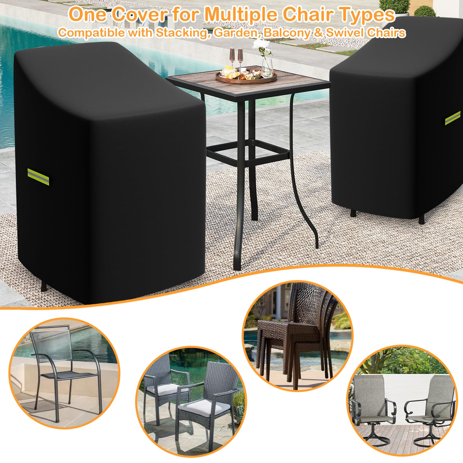 2Pcs Gartenstühle Abdeckung, 210D Schutzhülle für Stapelstühle 65×85×114 cm (H) – Abdeckhaube für Gartensessel Wetterfest, für Terrasse, Balkon und Garten