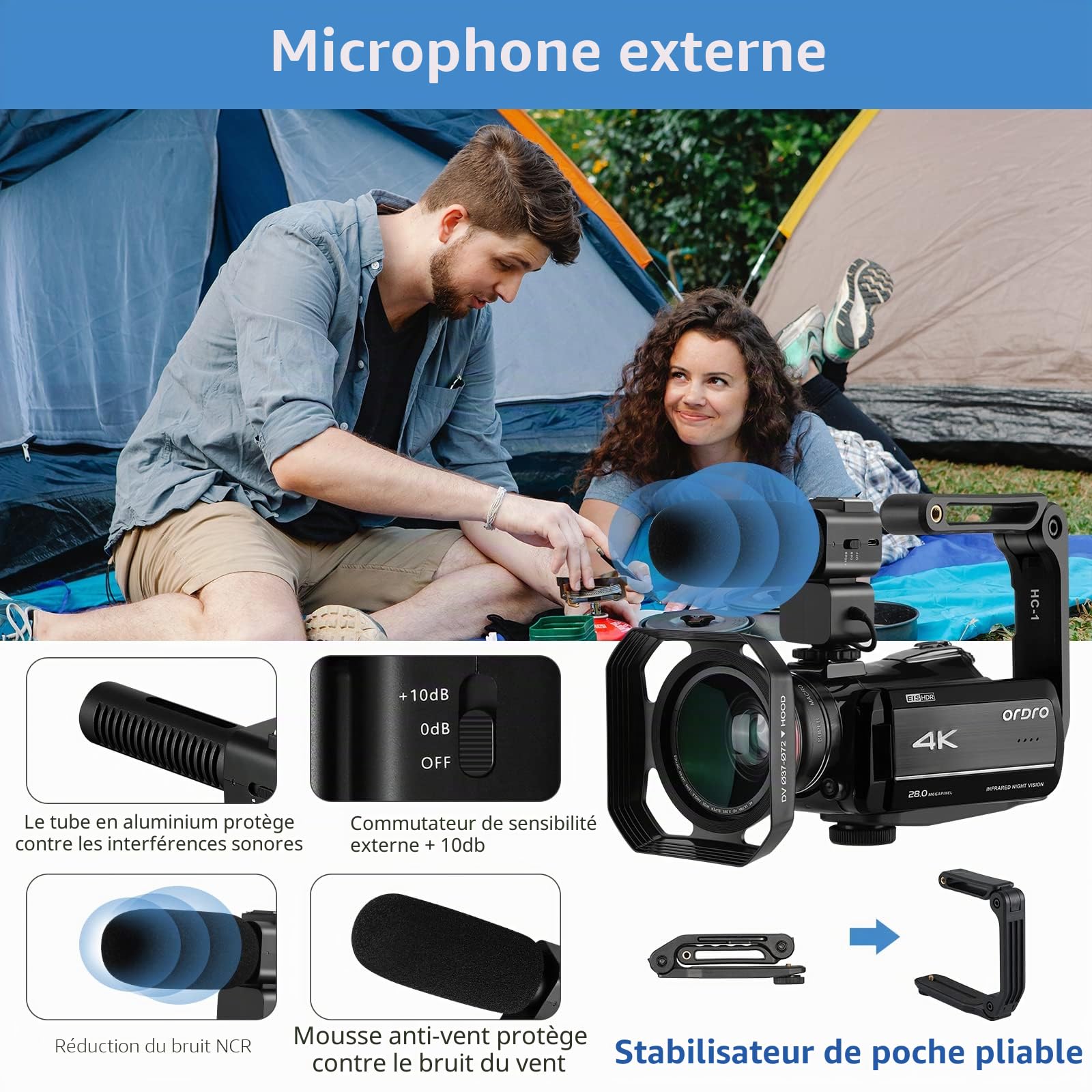 ORDRO Caméscope 4K avec vision nocturne infrarouge, zoom numérique 30x, WiFi, microphone externe et stabilisateur – Caméra de vlogging UHD 30 fps pour YouTube