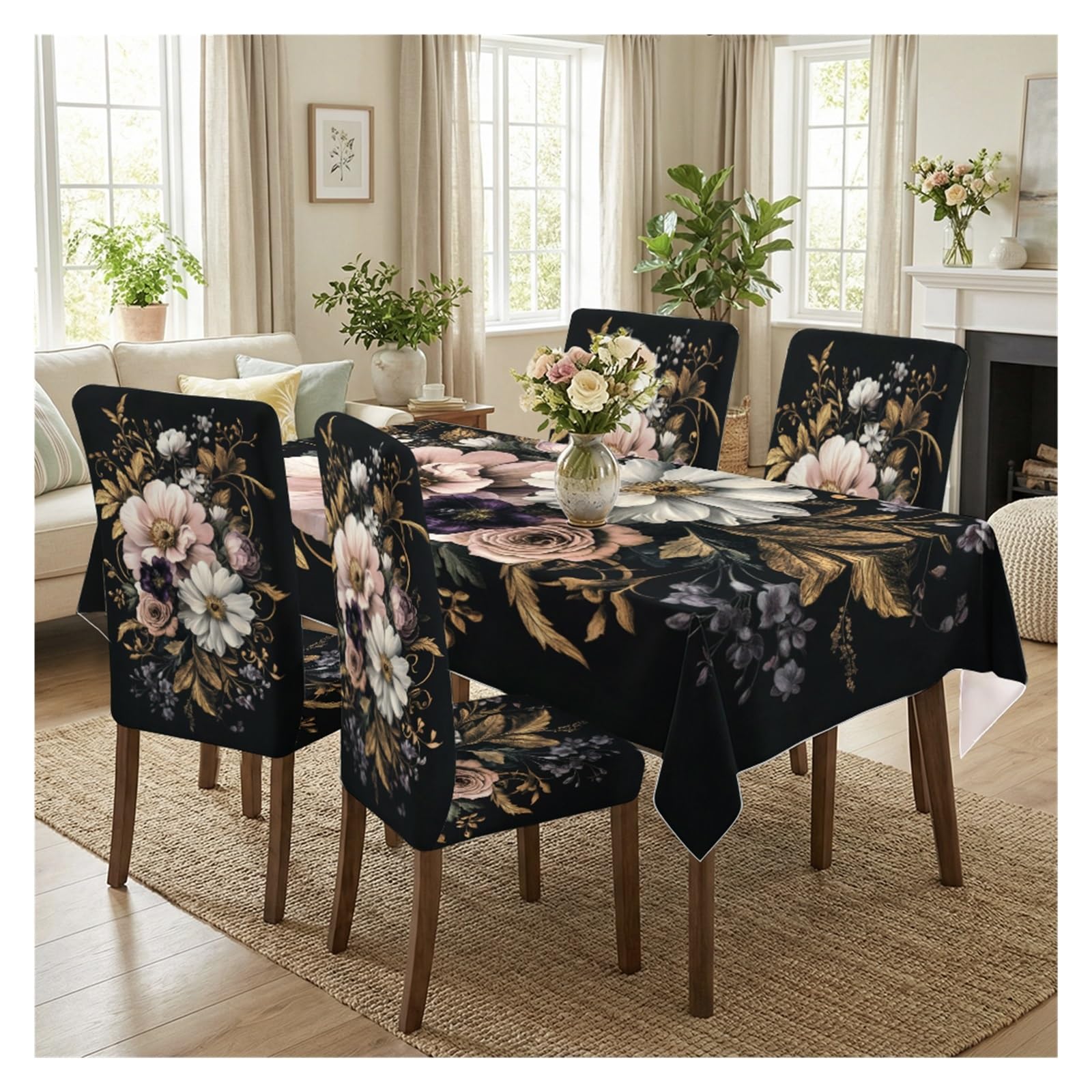KXUAUV Elegant Floral Print Stretch Dining Chair Covers & Tablecloth Set, 5/7 Pack Party Decor(5pcs Set: Tablecloth+Chair Covers)