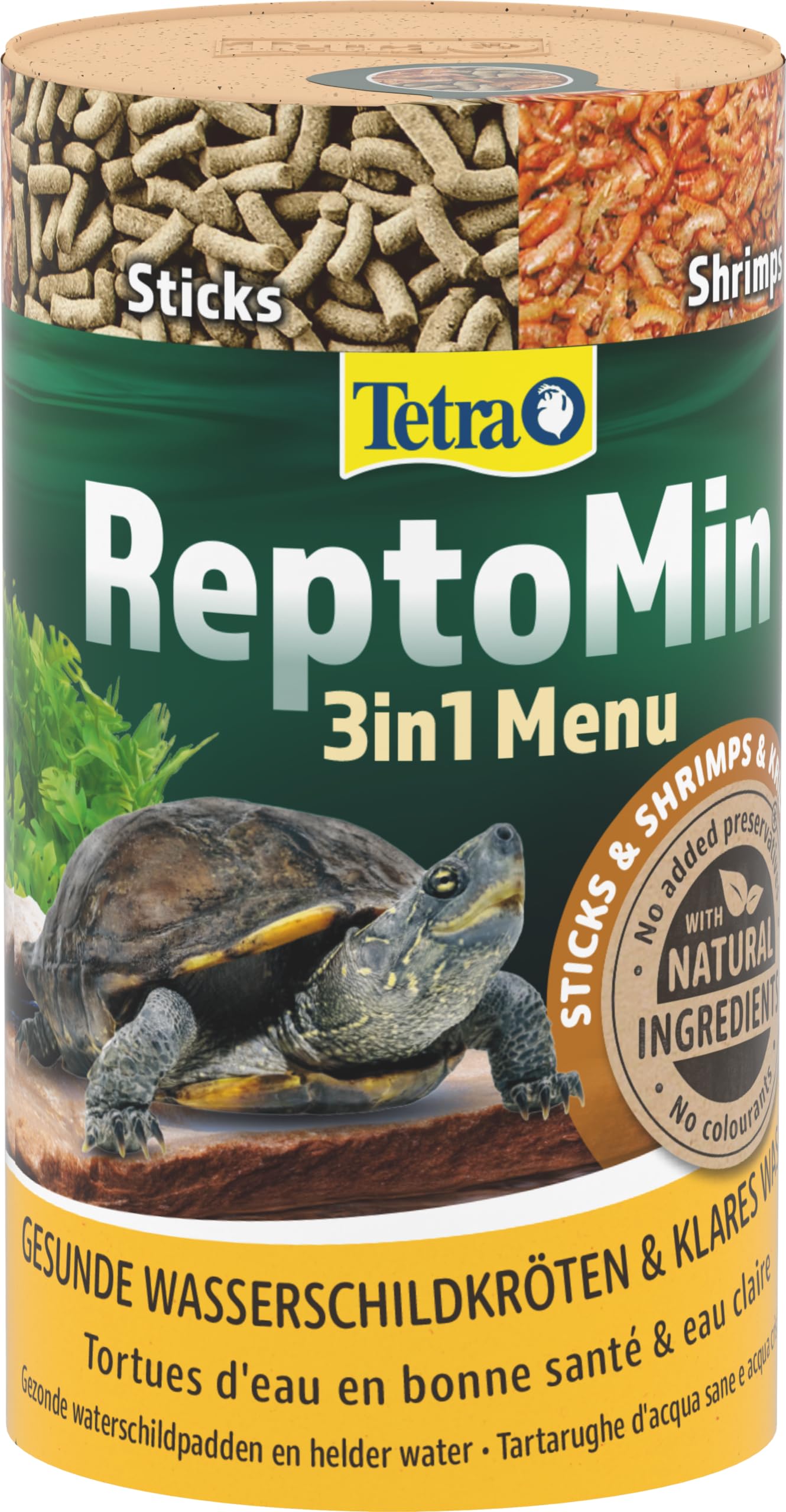 Tetra ReptoMin Menu karma dla żółwi – urozmaicona karma 3 w 1 z pałeczkami, krylem i krewetkami dla żółwi wodnych, puszka 250 ml