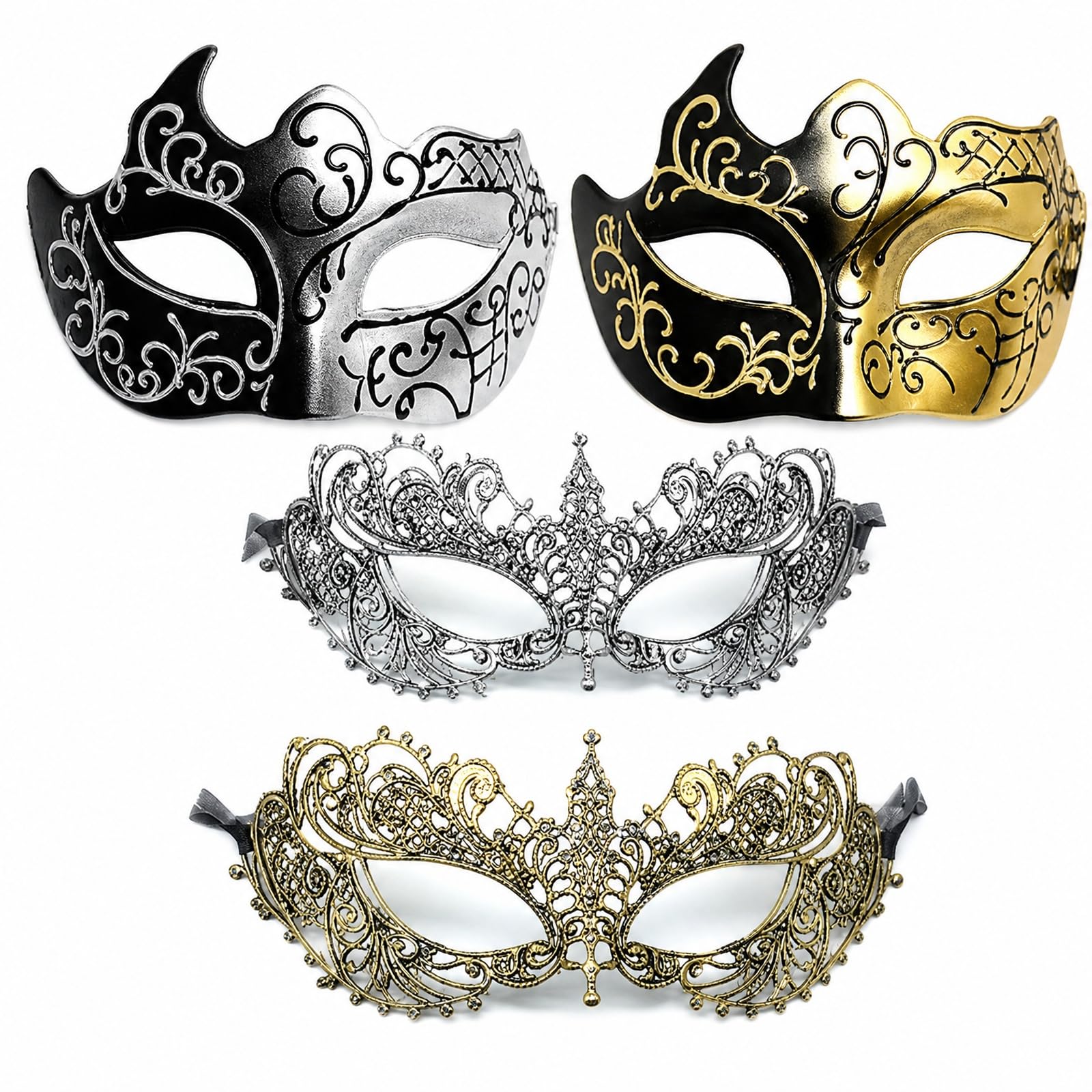 Poivgew 4PCS Masquerade Masks Set, Gold Silver Black Masks for Men