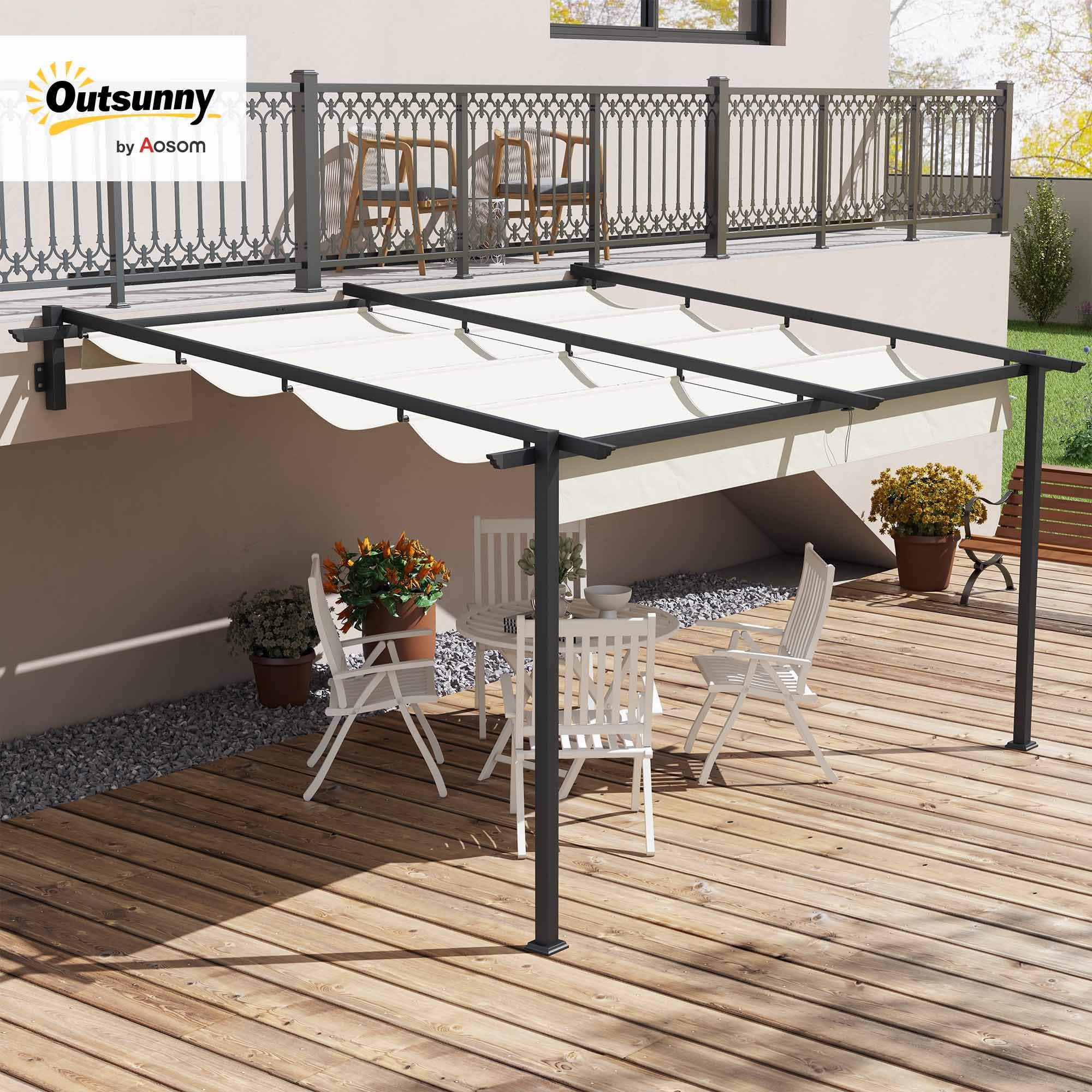 Outsunny Pérgola de Pared 4x3 m Cenador de Jardín con Techo Retráctil de Poliéster y Marco de Acero para Celebraciones Fiestas Bodas Crema y Gris Oscuro | Cenador de Jardín, Techo de Poliéster, Marco de Acero, para Celebraciones Fiestas Bodas