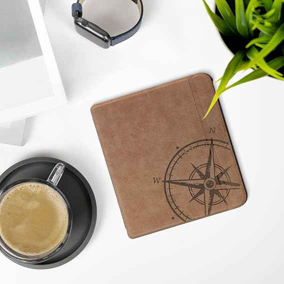 kwmobile Case Compatible with Kobo Libra Colour - Faux Suede Cover - Navigational Compass Brown