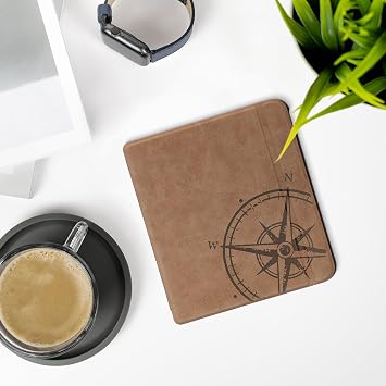 kwmobile Case Compatible with Kobo Libra Colour - Faux Suede Cover - Navigational Compass Brown