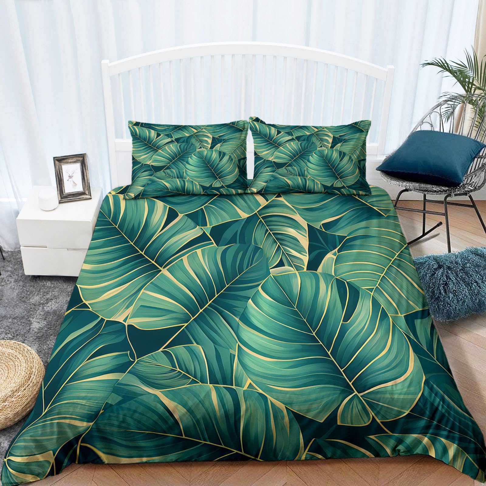Bettwäsche 155x220 cm Nordic Lässt Grün, Bettbezug 3teilig Weiche Allergiker Microfaser Bettwäsche-Sets, Deckenbezug mit Reißverschluss und 2 Kissenbezüge 80x80cm