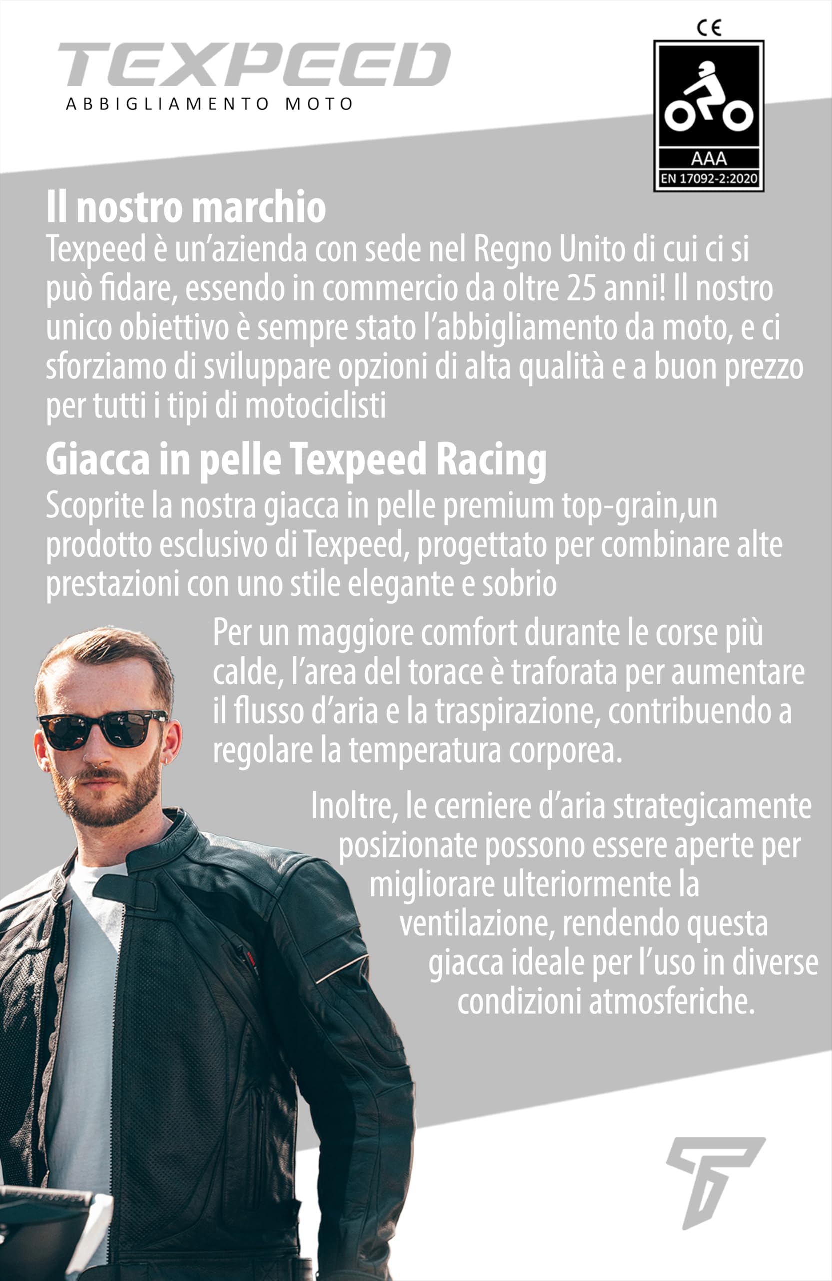 Texpeed Giacca da Moto in Pelle da Uomo – Giacca Racing Traforata per Motociclisti con Protezioni Biker (EN 1621-1) – Nero – M