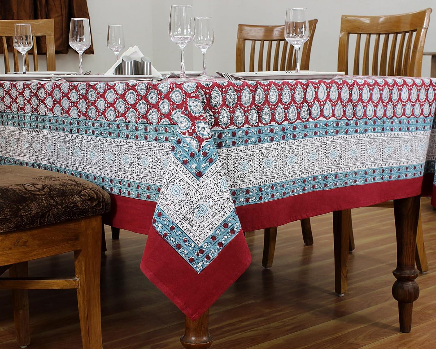 72x118 Inches Rectangle Hand Block Printed Cotton Tablecloth, Red Green Floral Table Cloths Washable, Indian Table Linen for Outdoor Thanksgiving Gifts Home Decor Dinning Outdoor image 2