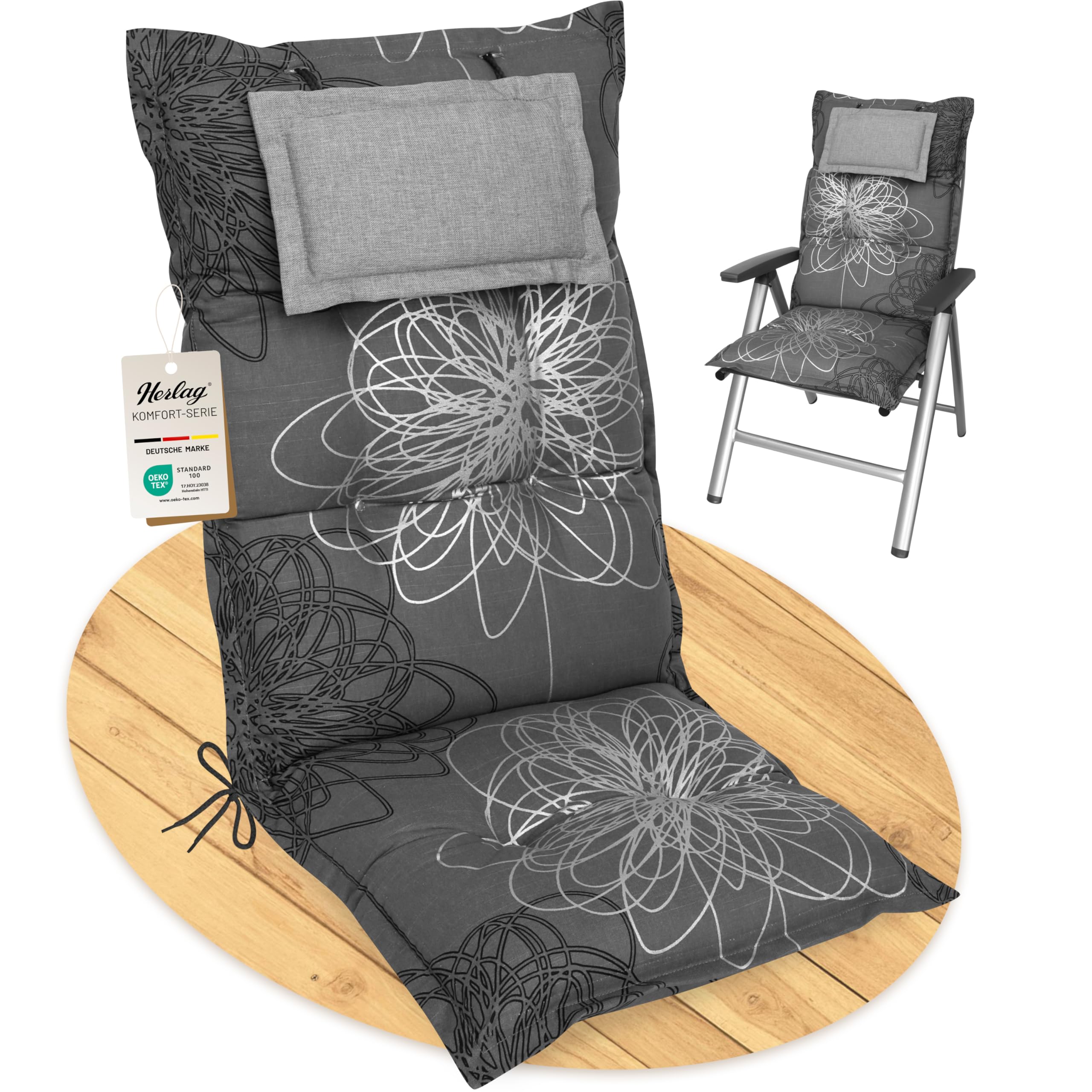 Herlag Hochlehner-Gartenstuhlauflage AVA 123x50x9cm – Deluxe-Komfort mit Kopfpolster