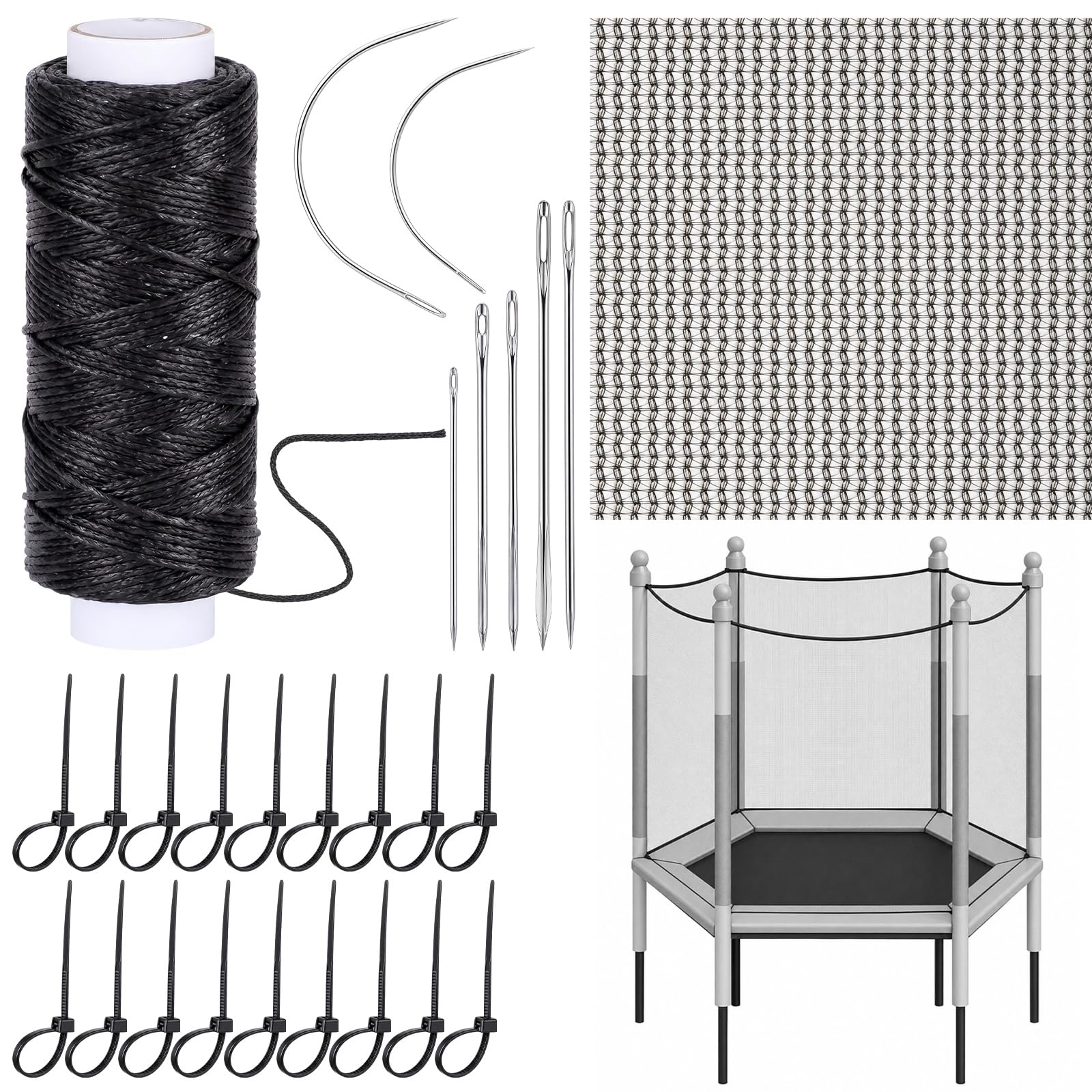 GliCraft 29 Pcs Trampoline Net Repair Kit Include 54 Yards Waxed Thread with 7 Pcs Upholstery Needles 36 x 12 Inch New Patches 20 Nylon Zip Ties Simple Convenient Repair of Trampoline Protective Net
