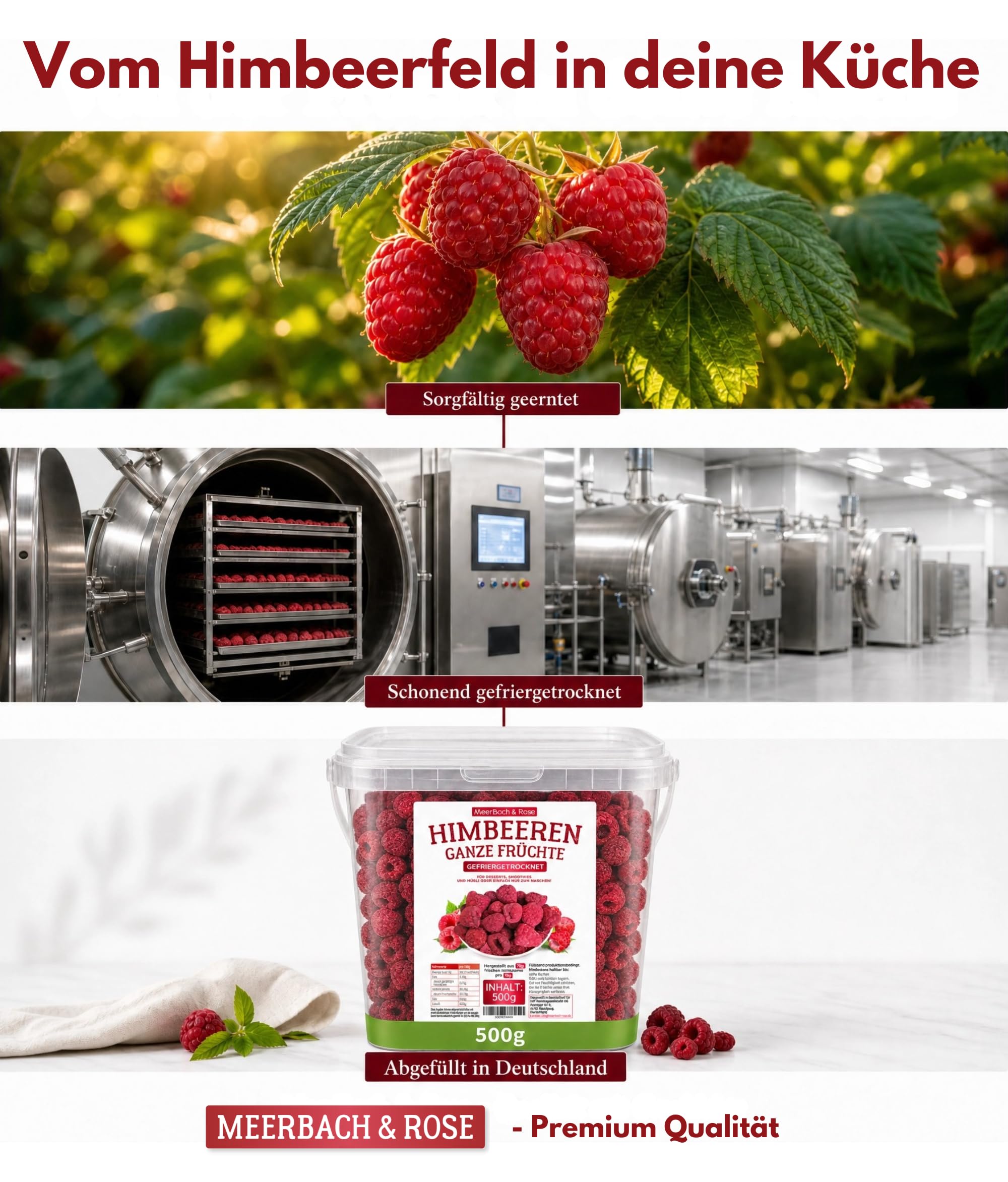 Gefriergetrocknete Himbeeren 500g – Ganze Früchte, 100% Frucht, vegan, Premium Qualität aus Deutschland