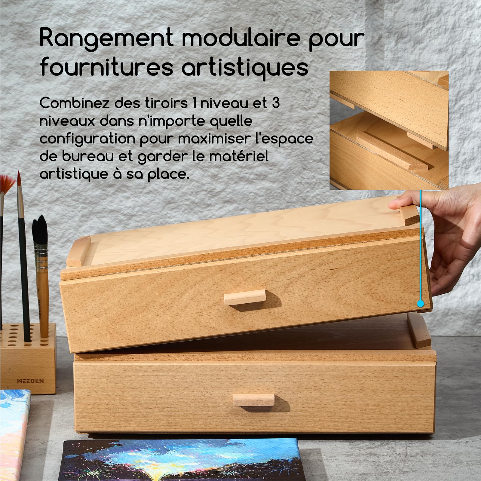 MEEDEN Boîte de rangement pour fournitures d'artiste : À 1 niveau, boîte à outils en bois massif de hêtre avec séparateurs amovibles – Rangement d'outils en tiroir pour fournitures de peinture