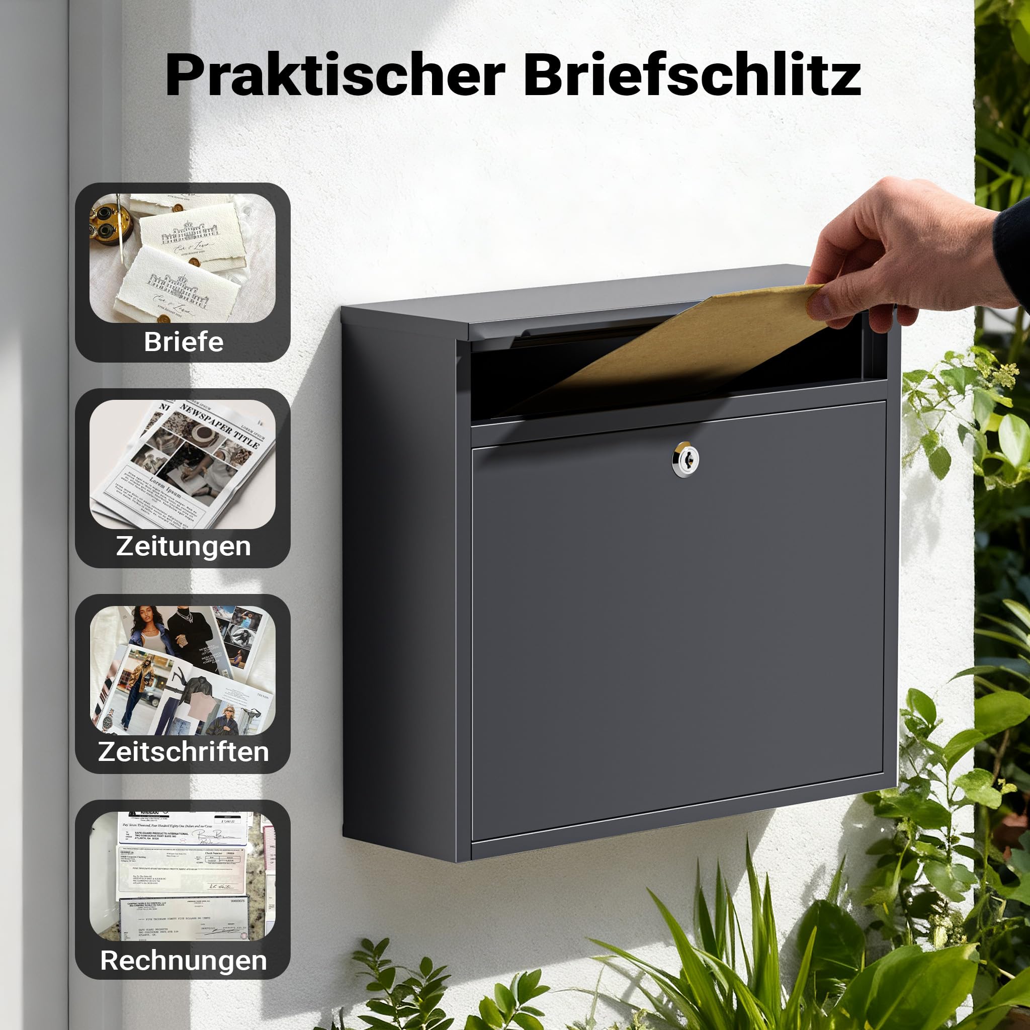 Wiltec Briefkasten V13 Anthrazit 360 x 105 x 315 mm, Wandbriefkasten mit Schloss und Klappe, Postkasten aus Stahl pulverbeschichtet