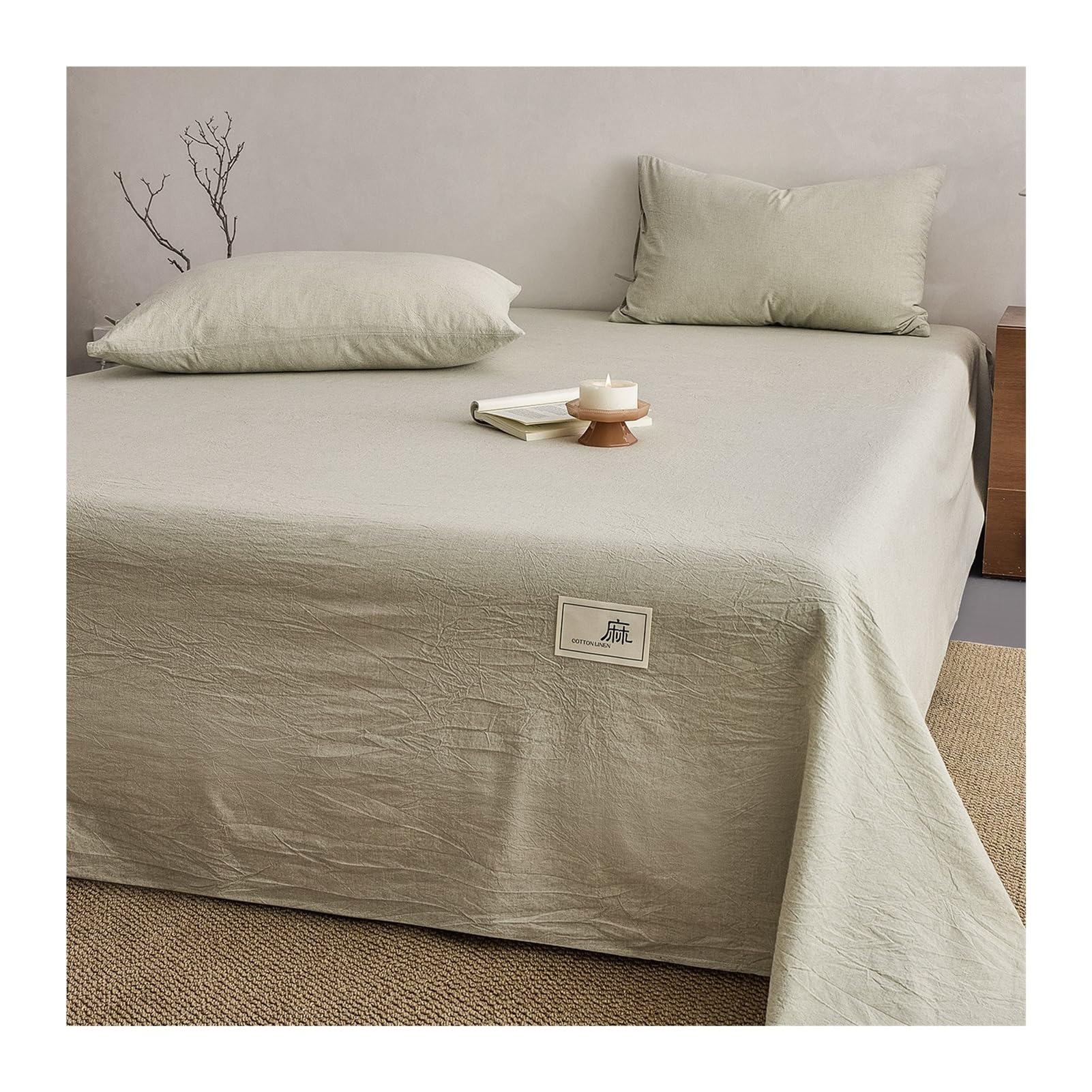 GBHMJU 100% Cotton Linen Flat Sheet A Class Soft Top Sheet for Sensitive Skin(Green,245x250cm+48x74cm x2)