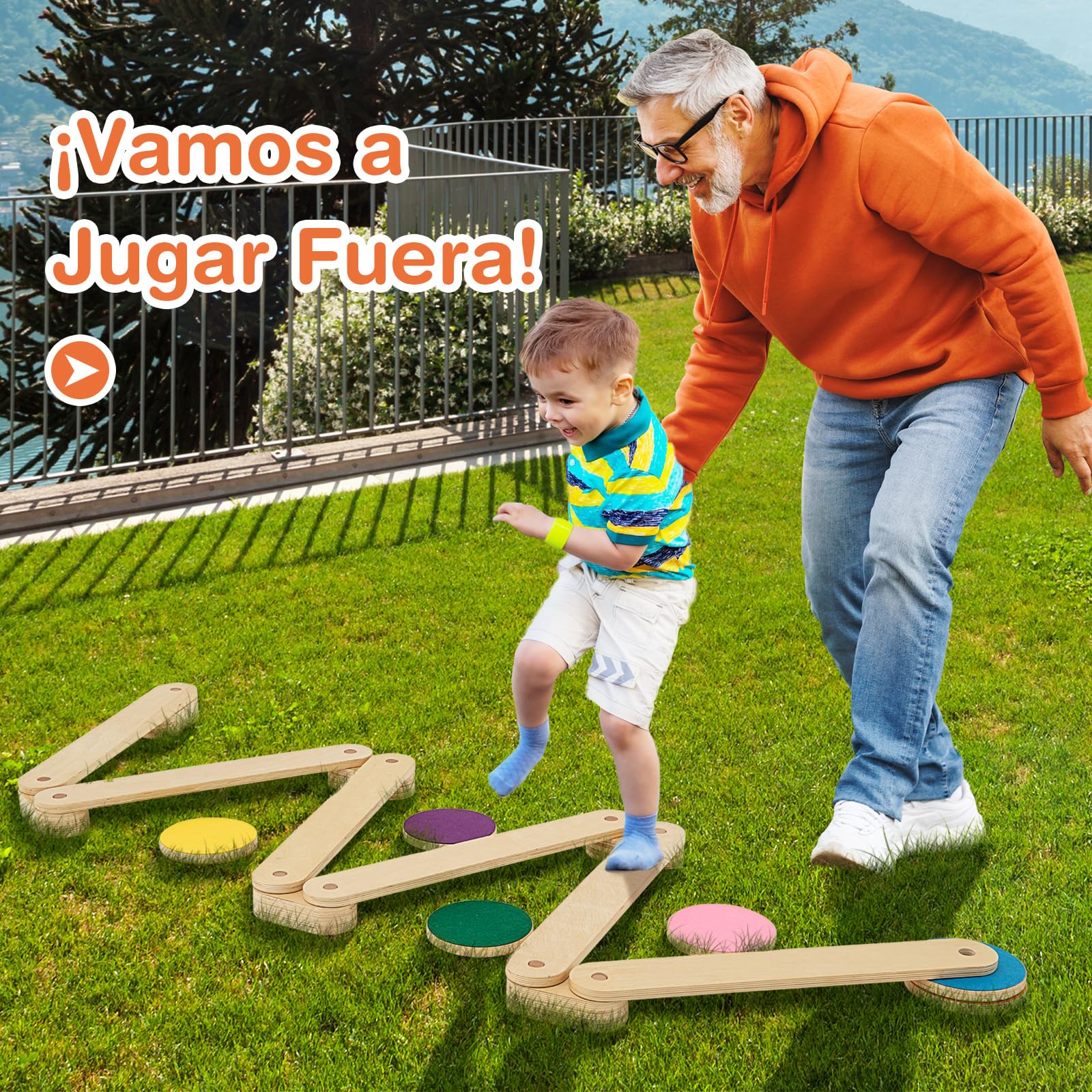 COSTWAY Barra de Equilibrio de Madera y Piedrecita, Carrera de Obstáculos de Gimnasia para Niños de 12 Piezas, Juguete Montessori de Madera para Interior/Exterior, Regalo para Niños de 3 a 7 Años