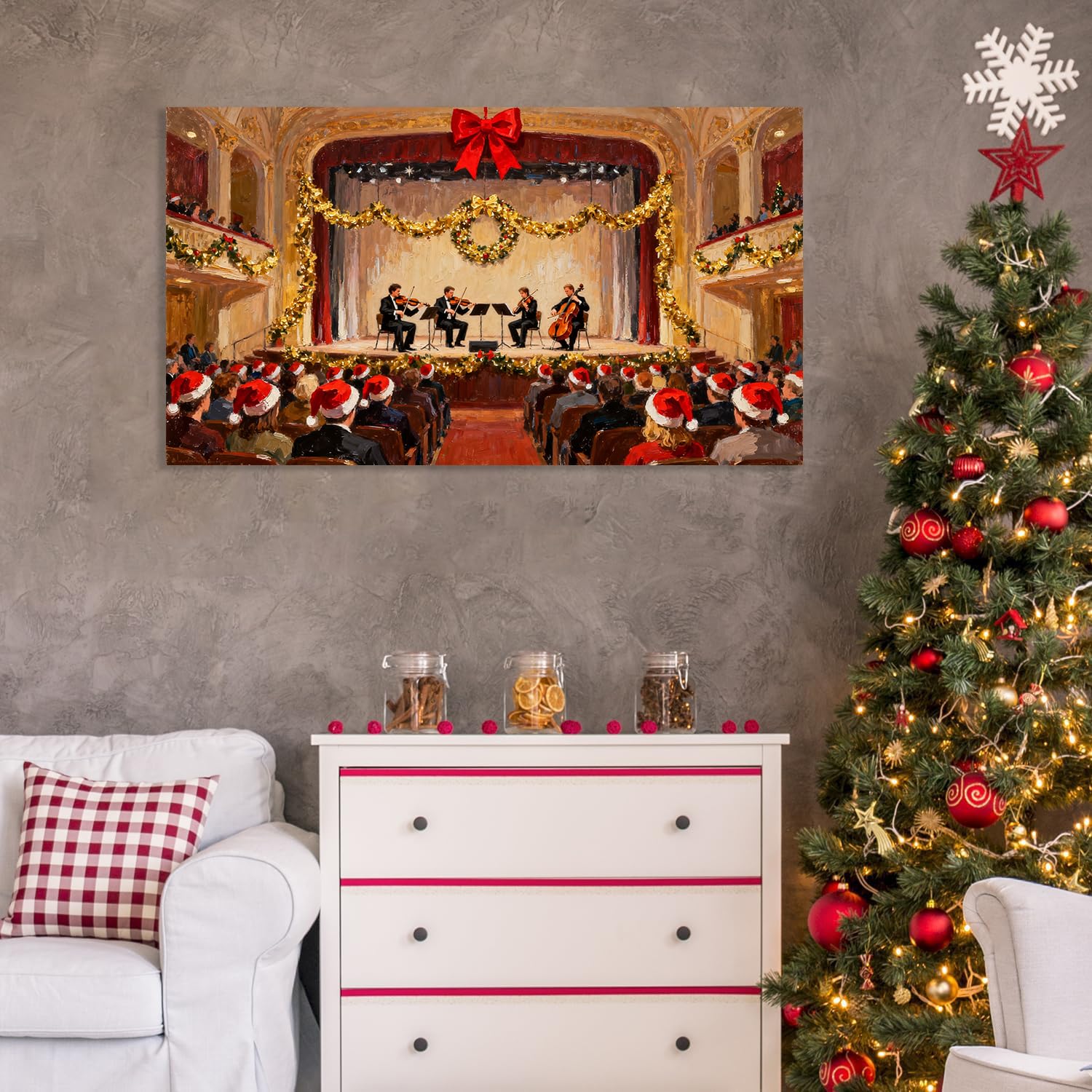 Hau3sh3a Quadro Natale per pareti Stampa su tela con Concerto Celebrazione della Gioia poster Decorazione murale Natale per Per salone cucina camera Regalo festivo 70x120cm(28x47in) Senza telaio