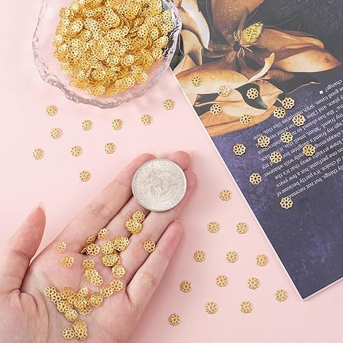 Miniatura 6 de ANCIRS 1200 cuentas espaciadoras de 0.276 in para hacer joyas, tapas de cuentas de flores de acero inoxidable para collar de pulsera, color dorado