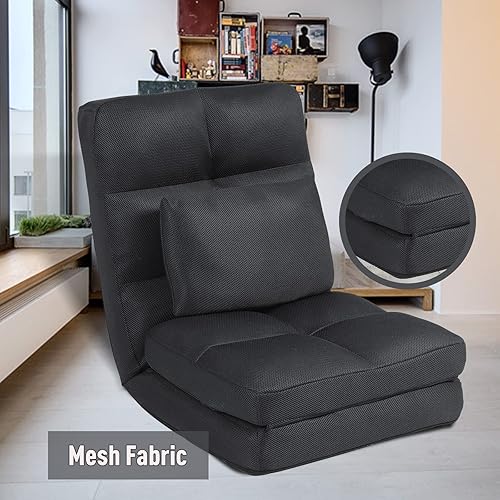 Miniatura 5 de Silla de suelo con respaldo para adultos, ajustable, 14 posiciones, sillas de videojuegos, tumbona plegable con almohada 8823 (negro) Negro