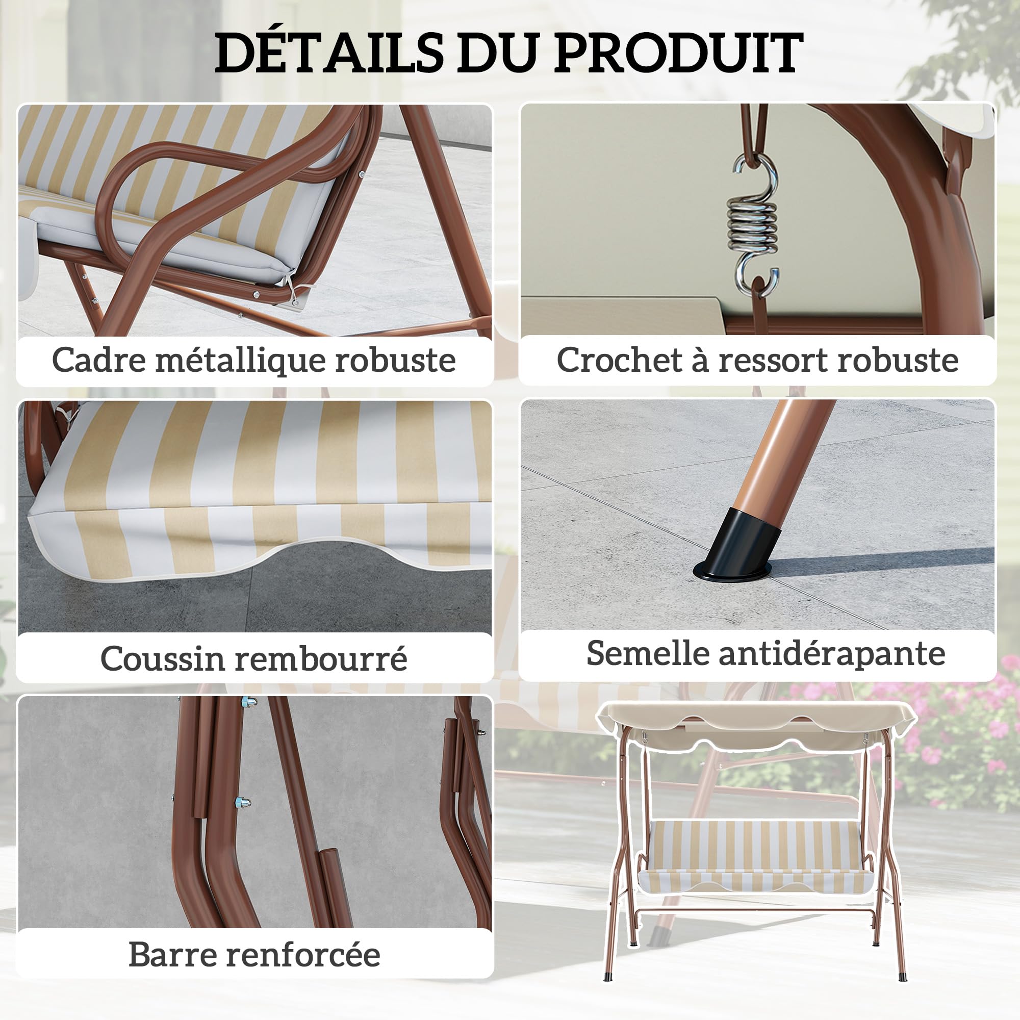 Outsunny Balancelle de Jardin 3 Places Toit imperméabilisé Inclinaison réglable Acier Polyester Marron crème rayé
