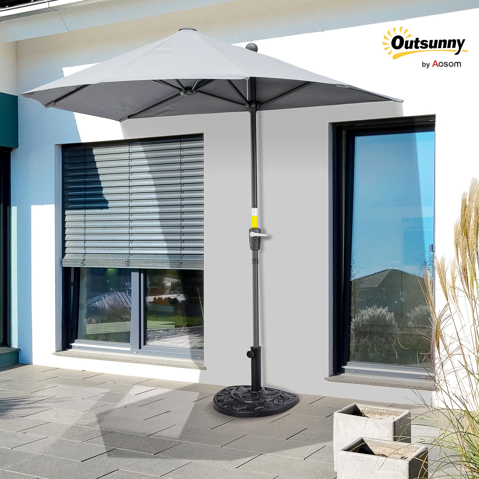 Outsunny Base per Ombrellone a Mezzaluna da Ø38 mm e Ø48 mm con Manovella, Basamento per Ombrellone in Resina, Base Ombrellone a Parete 50x31x32 cm, Nero