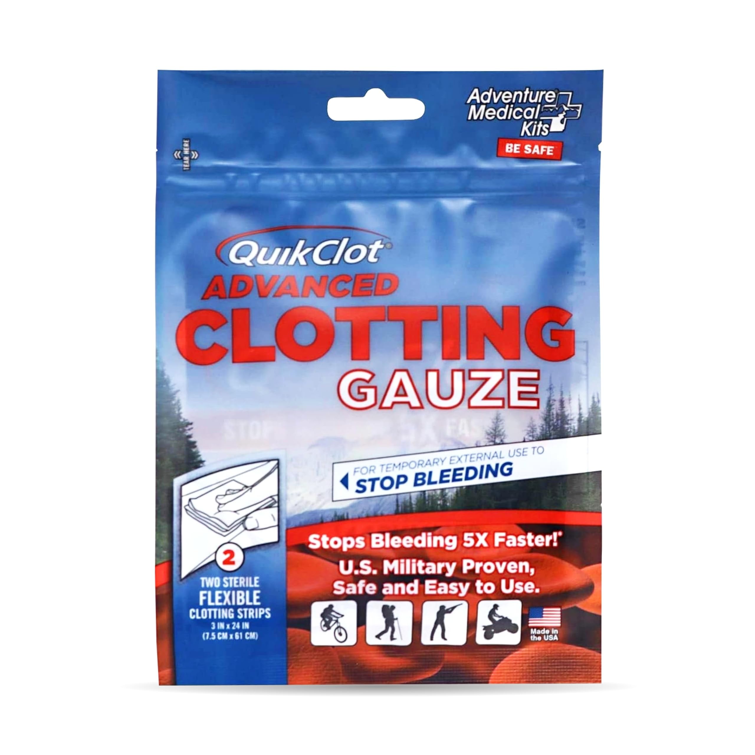 Adventure Medical Kits QuikClot Gauze - Flexible Hemostatic Medical Gauze for Emergency Survival or Disaster Preparedness Kits & More - Stops Bleeding Fast with Kaolin - 3" x 24" (2 Strips)
