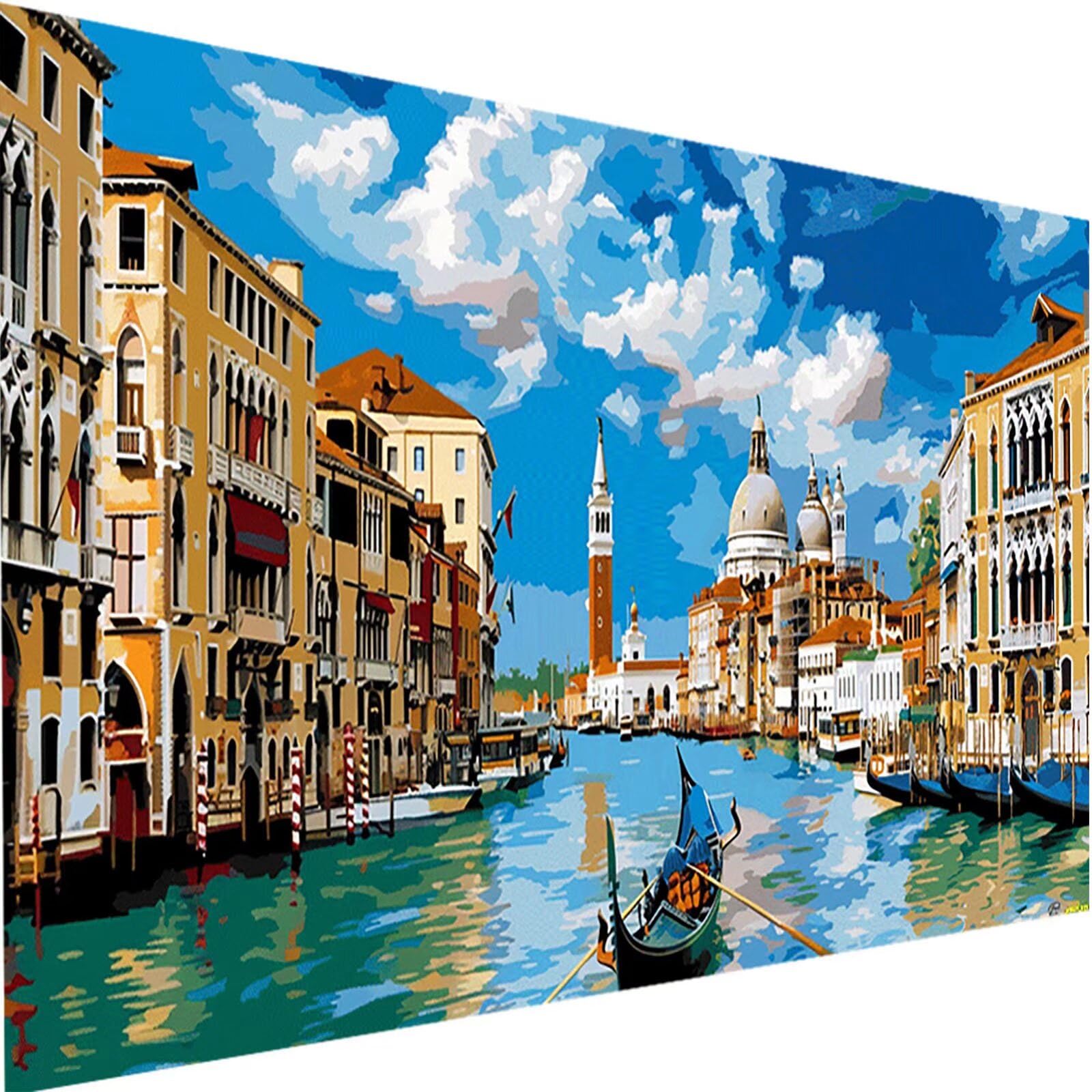 Malen Nach Zahlen Venedig DIY Malen Nach Zahlen Erwachsene Wasserstadt 50x100cm, Paint by Numbers für Anfänger mit Acrylfarbe Bastelset Erwachsene, als Geschenk für Frauen Home Deko (mit Rahmen) d-0